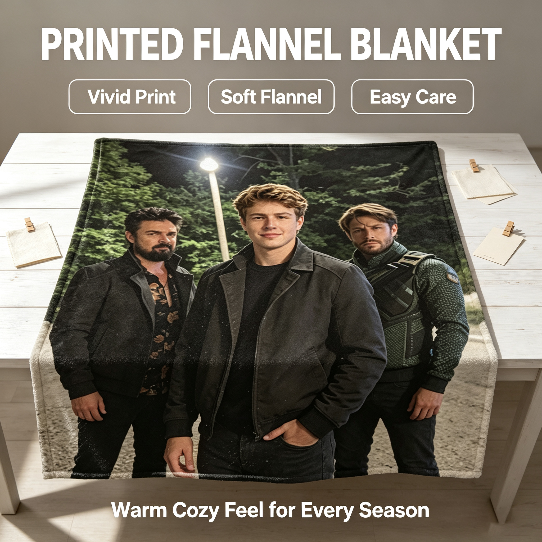 Custom Face Blanket Featuring Three Men in Stylish Outfits Standing Outdoors at Night Flannel Blanket Perfect for Cozy Nights and Unique Gift/Giveaway