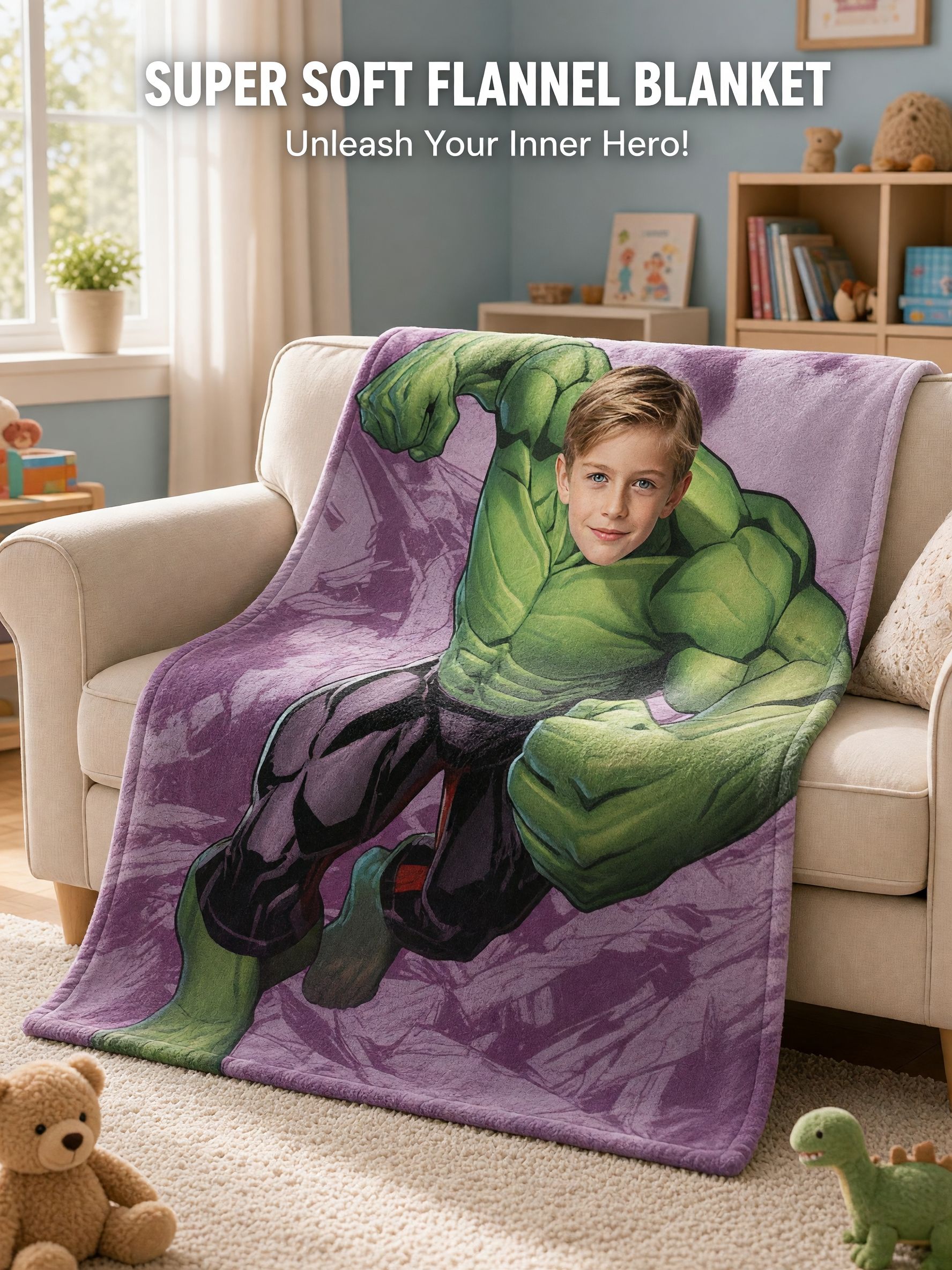 Personalized Superhero Face Photo Blanket, Custom Soft Anti-Pilling Flannel Throw, Unique Cozy Keepsake Gift