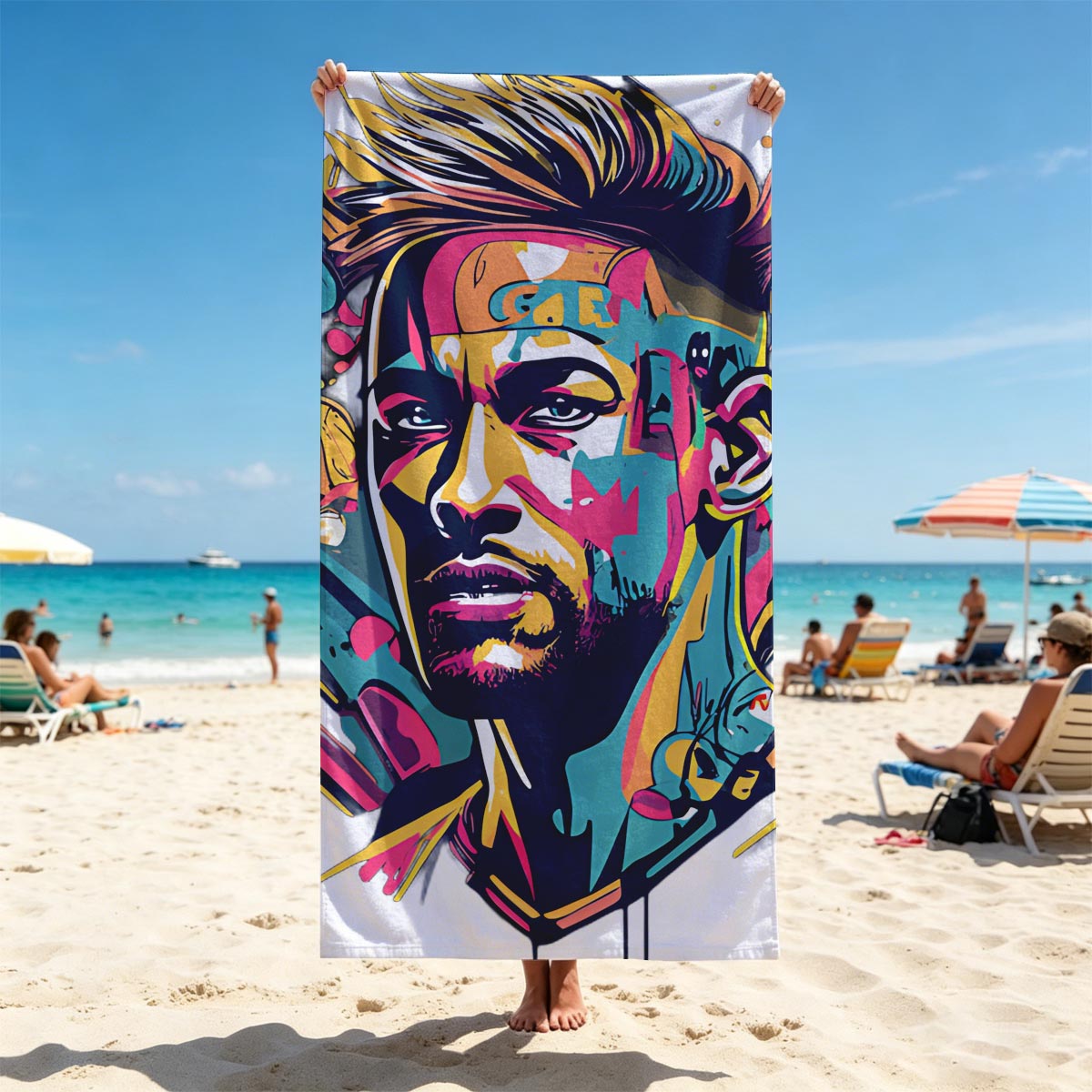 Colorful Abstract Portrait of a Man with Vibrant Patterns and Dynamic Elements - Beach towels