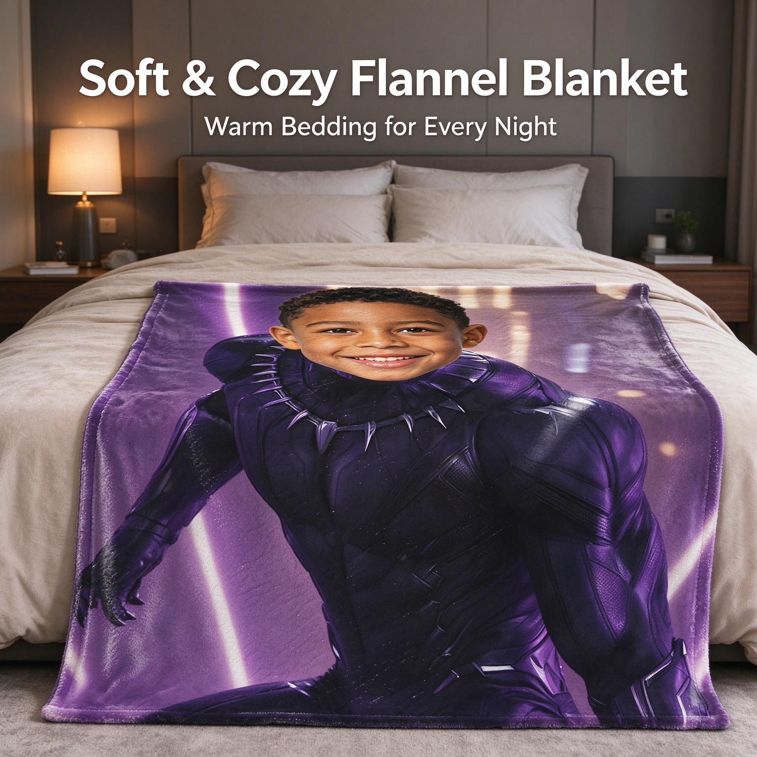 Custom Face Superhero Blanket Personalized Photo Flannel Throw Ultra-Soft Purple Hero Suit Design Ideal Birthday Gift