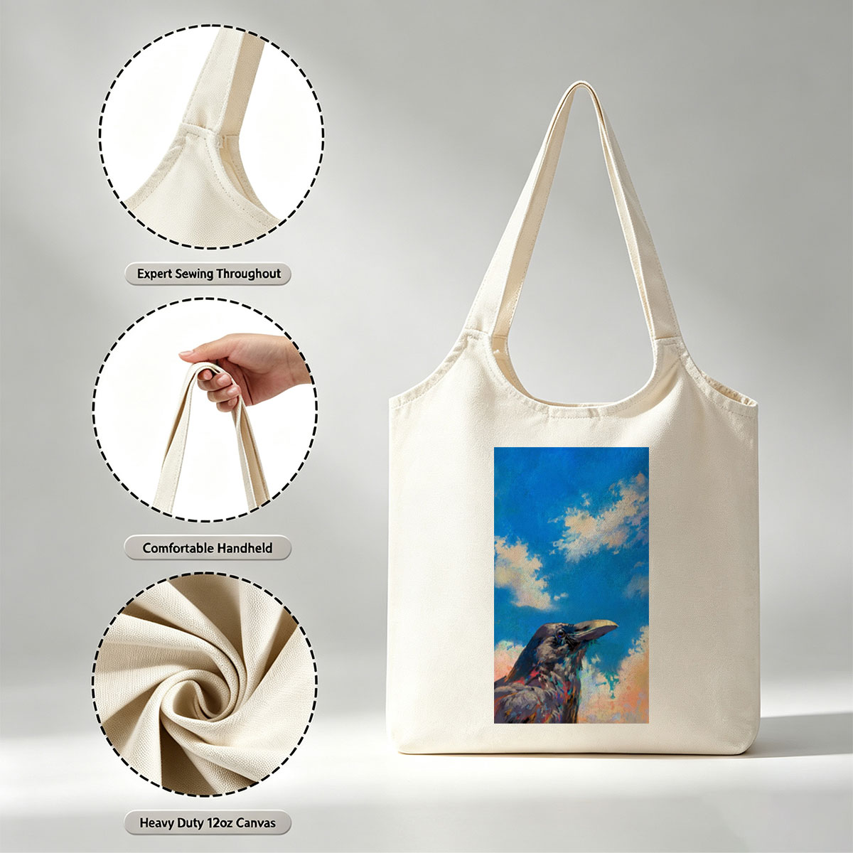 Crow Against Vibrant Sky Painting - Canvas shoulder bags/