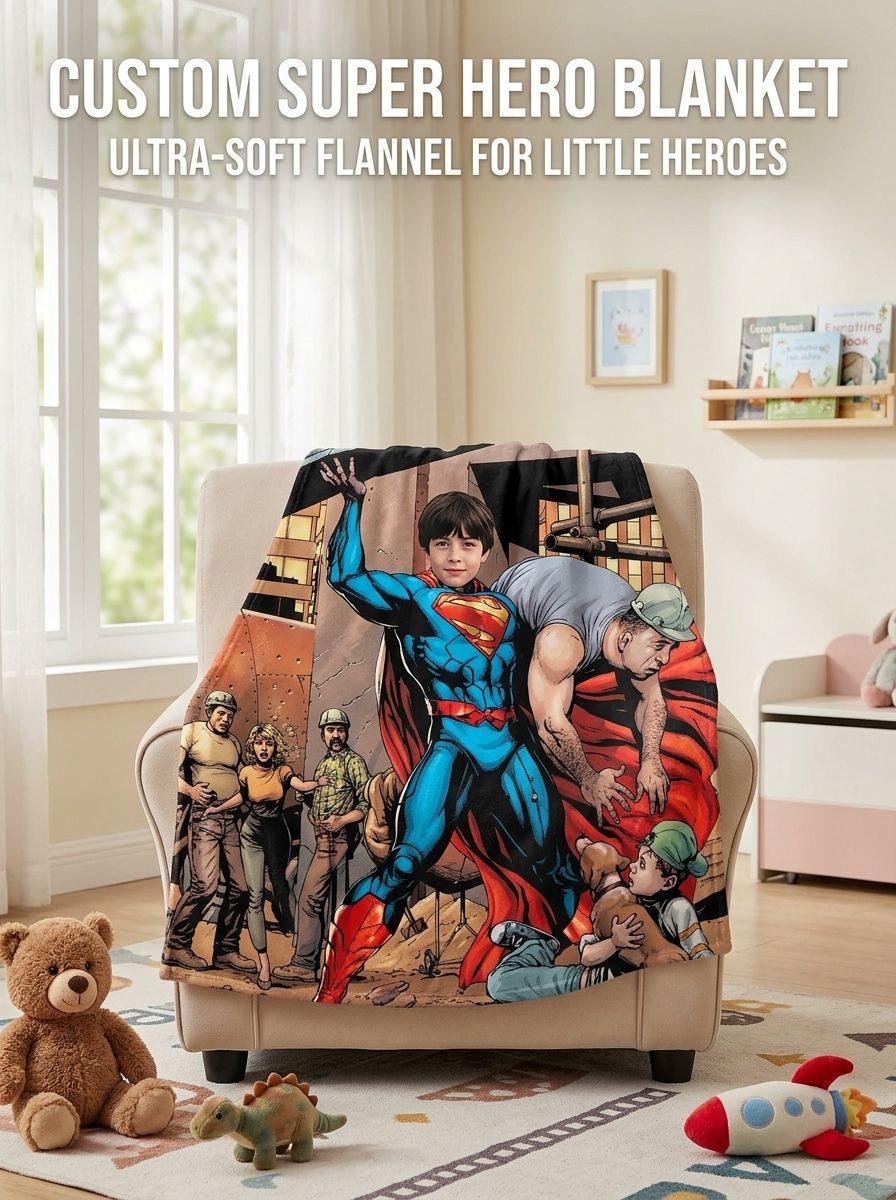 Custom Photo Superhero Flannel Blanket, Personalized Comic Hero Throw, Cozy Soft Keepsake Gift for Kids and Adults