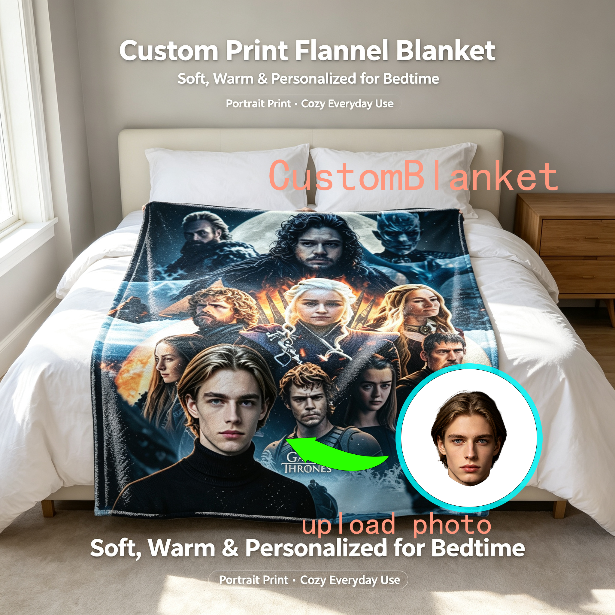 Custom Face Blanket Game of Thrones Characters Flannel Blanket Cozy Bedding Gift for Fans and Collectors