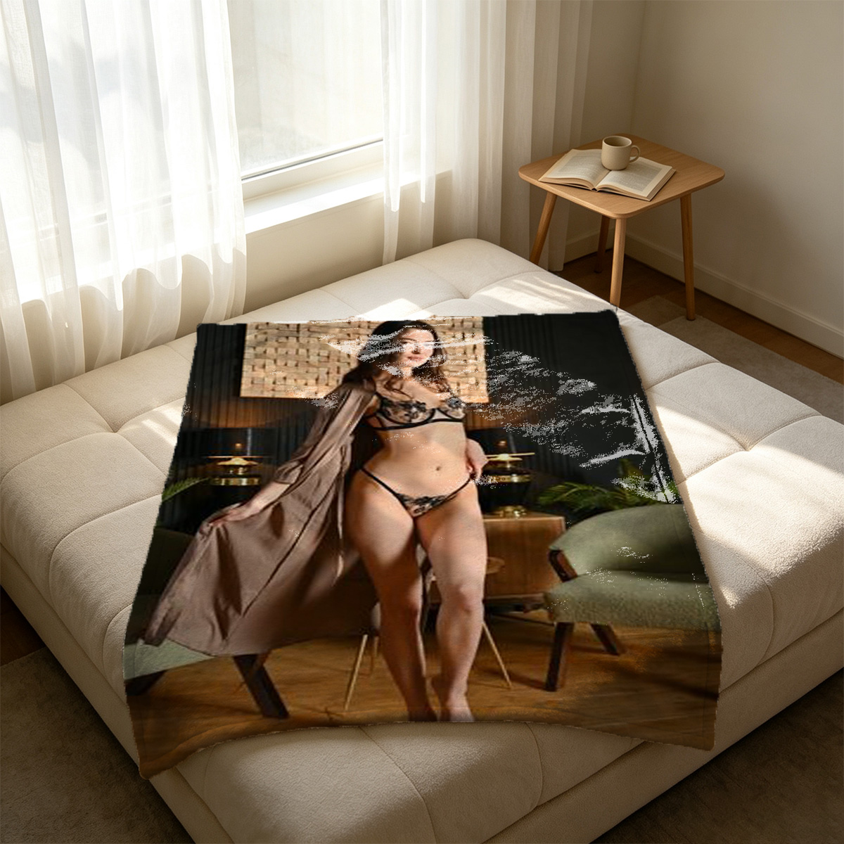 Blonde woman in beige lingerie pouring tea in the kitchen - Blanket