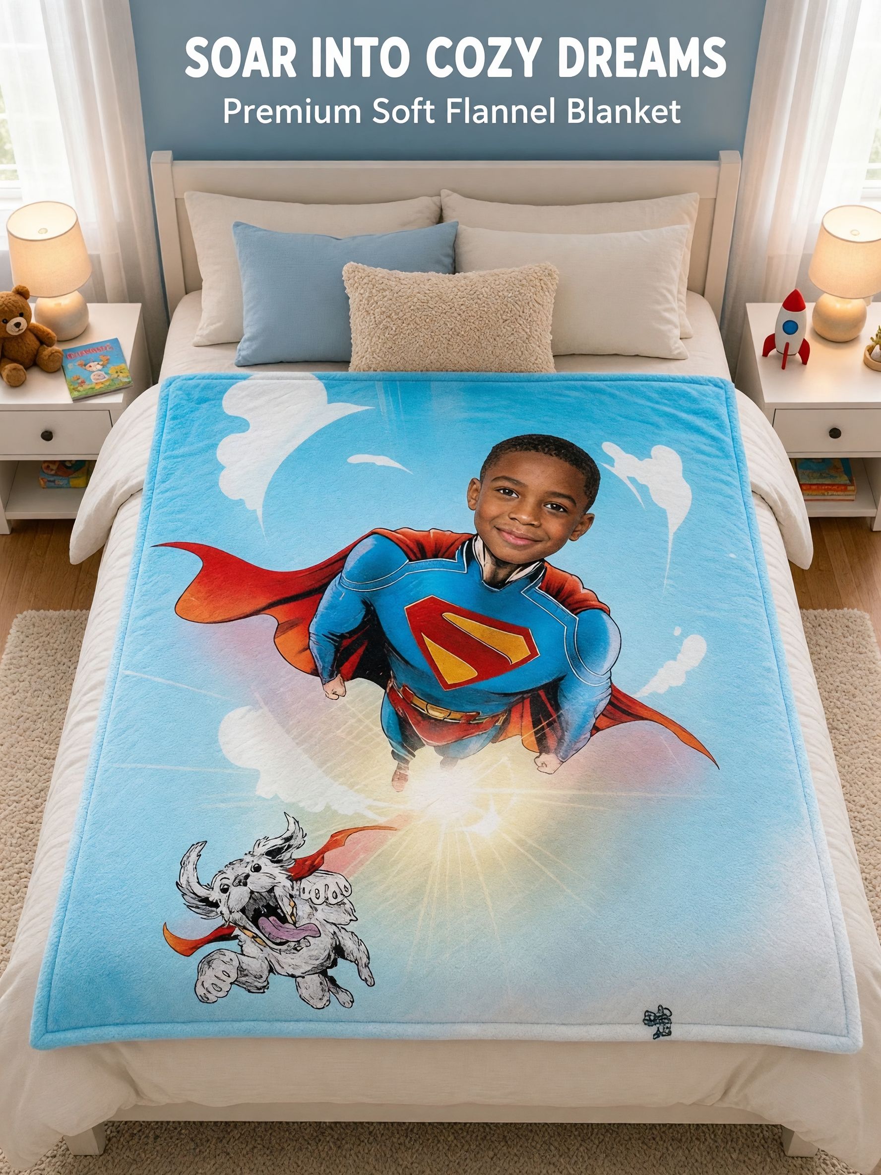 Custom Photo Superhero Flannel Blanket, Personalized Face Hero Fleece Throw, Warm Keepsake Gift for Kids and Family