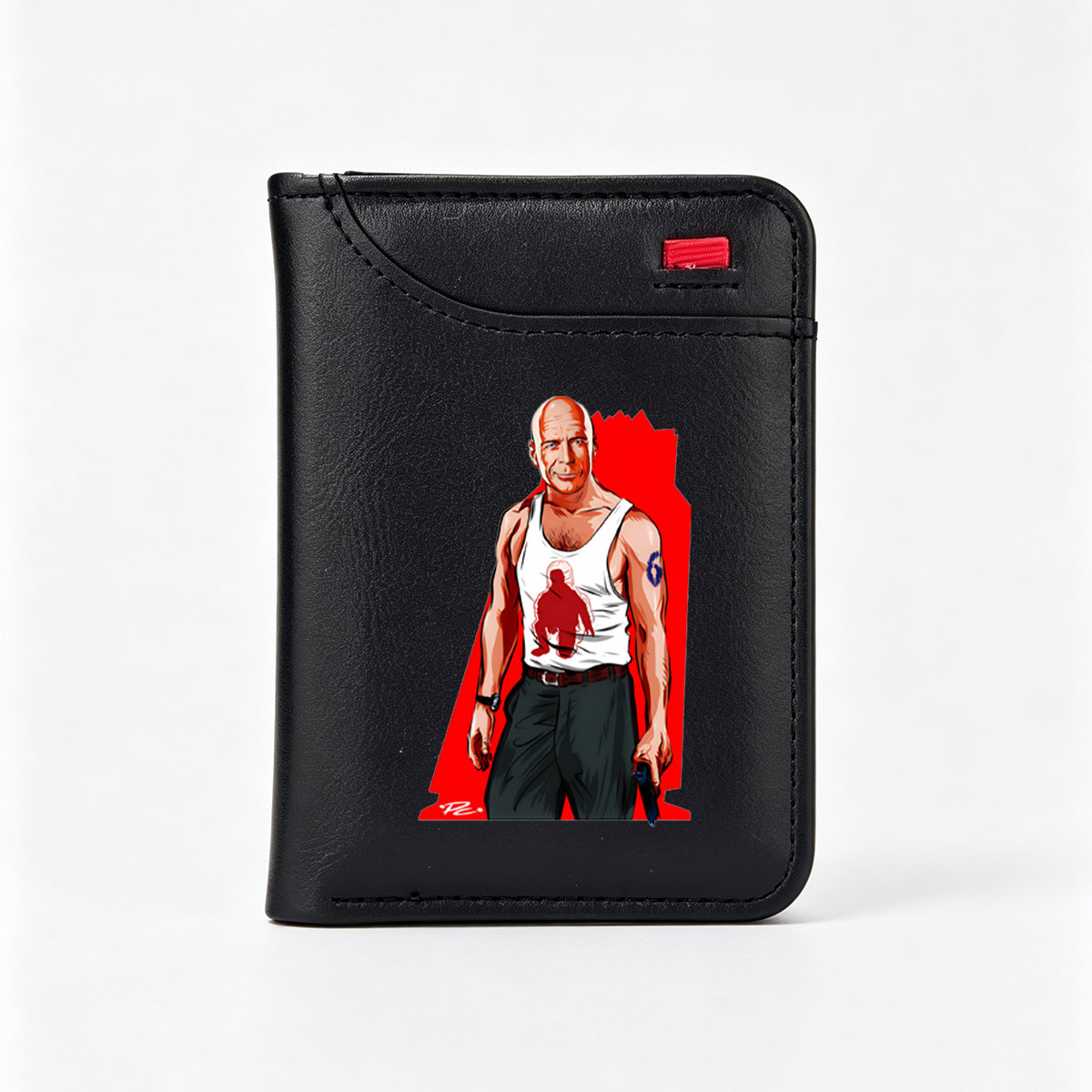 Bruce Willis as John McClane in Die Hard, wearing a tank top with a red silhouette and holding a gun, set against a bold red background. - Vertical Style Wallet