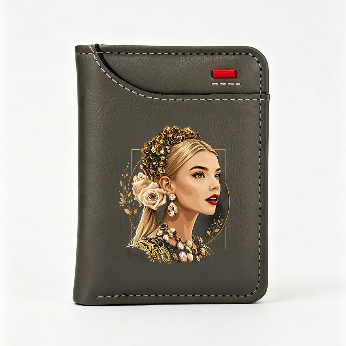 Golden Rose Queen: Elegant Portrait of a Blonde Woman with Floral Crown and Jewelry - Vertical Style Wallet
