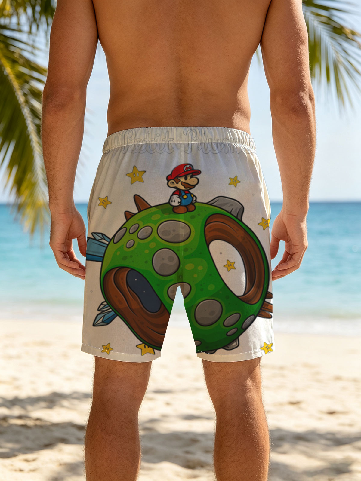 Mario on a Green Planet in Space with Stars and 