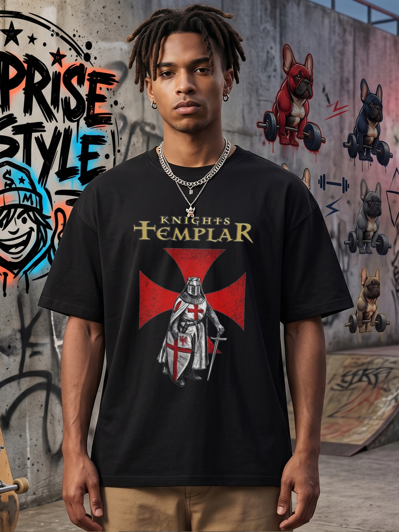Men's Knights Templar Printed T-Shirt Featuring Medieval Knight with Red Cross Design, Casual Round Neck Lightweight Breathable Summer Short Sleeve Tee for History Enthusiasts and Medieval Fanatics