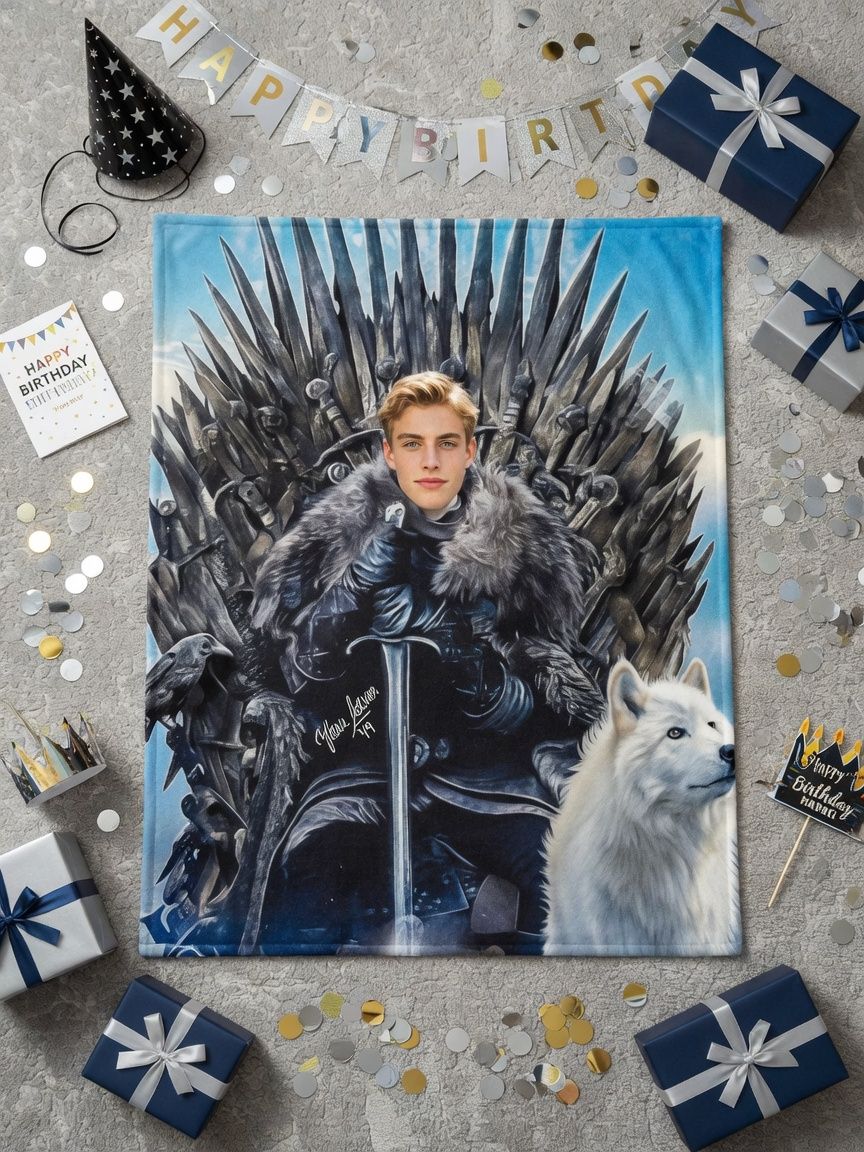 Custom Face Photo Flannel Blanket Personalized Fantasy Warrior Throne Throw Ultra Soft Anti-Pilling Cozy Gift for Couch