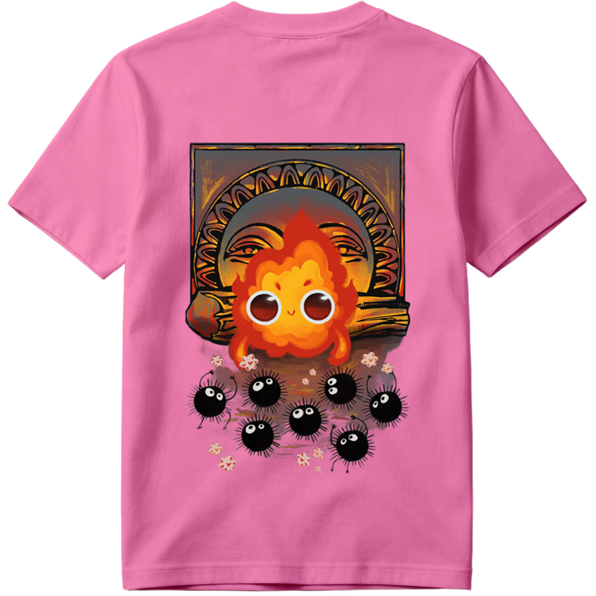 Cute Flame Character with Black Spiky Creatures and Ancient Mask Background - Tee