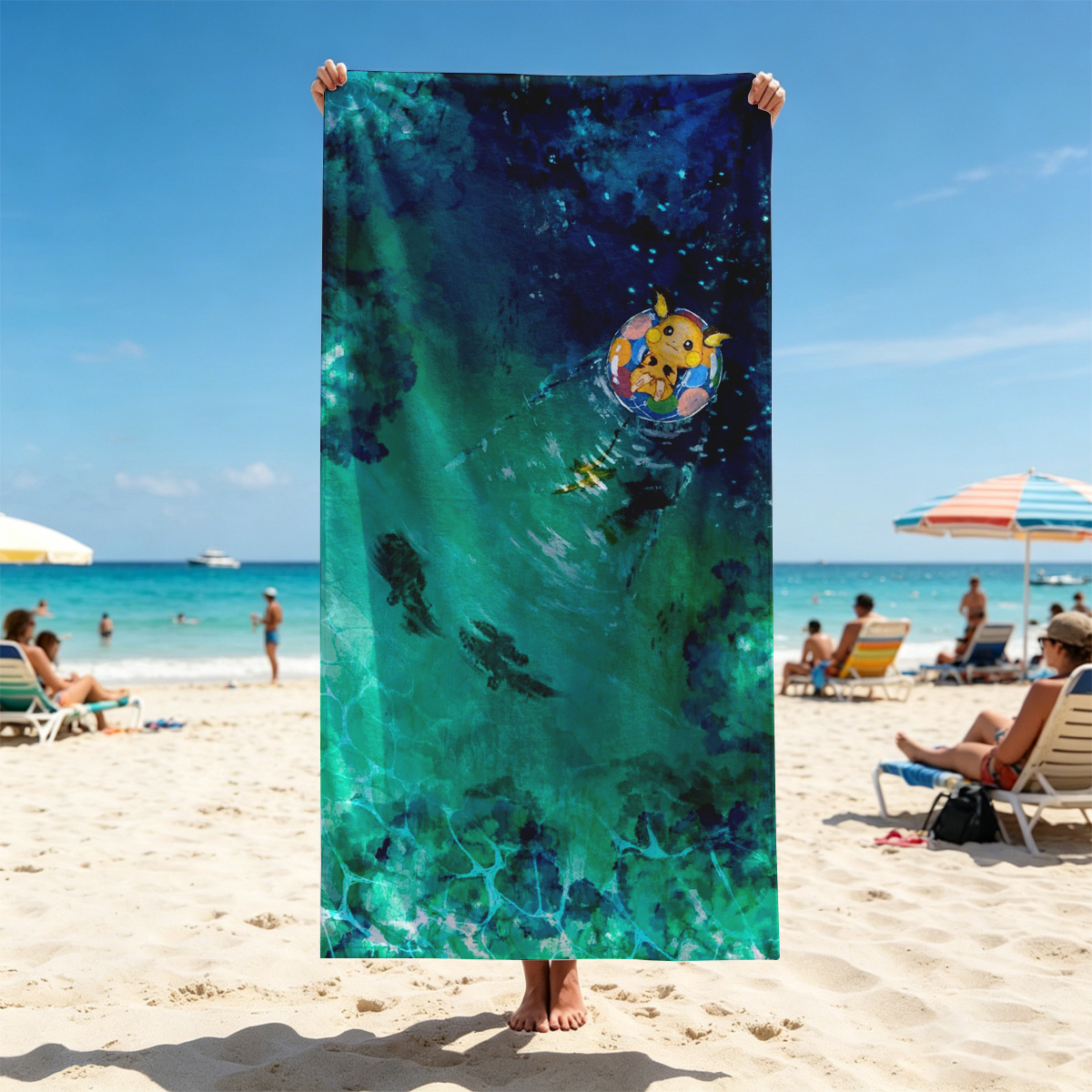 Pikachu floating on a colorful ring in a serene, turquoise pool with fish swimming below. - Beach towels
