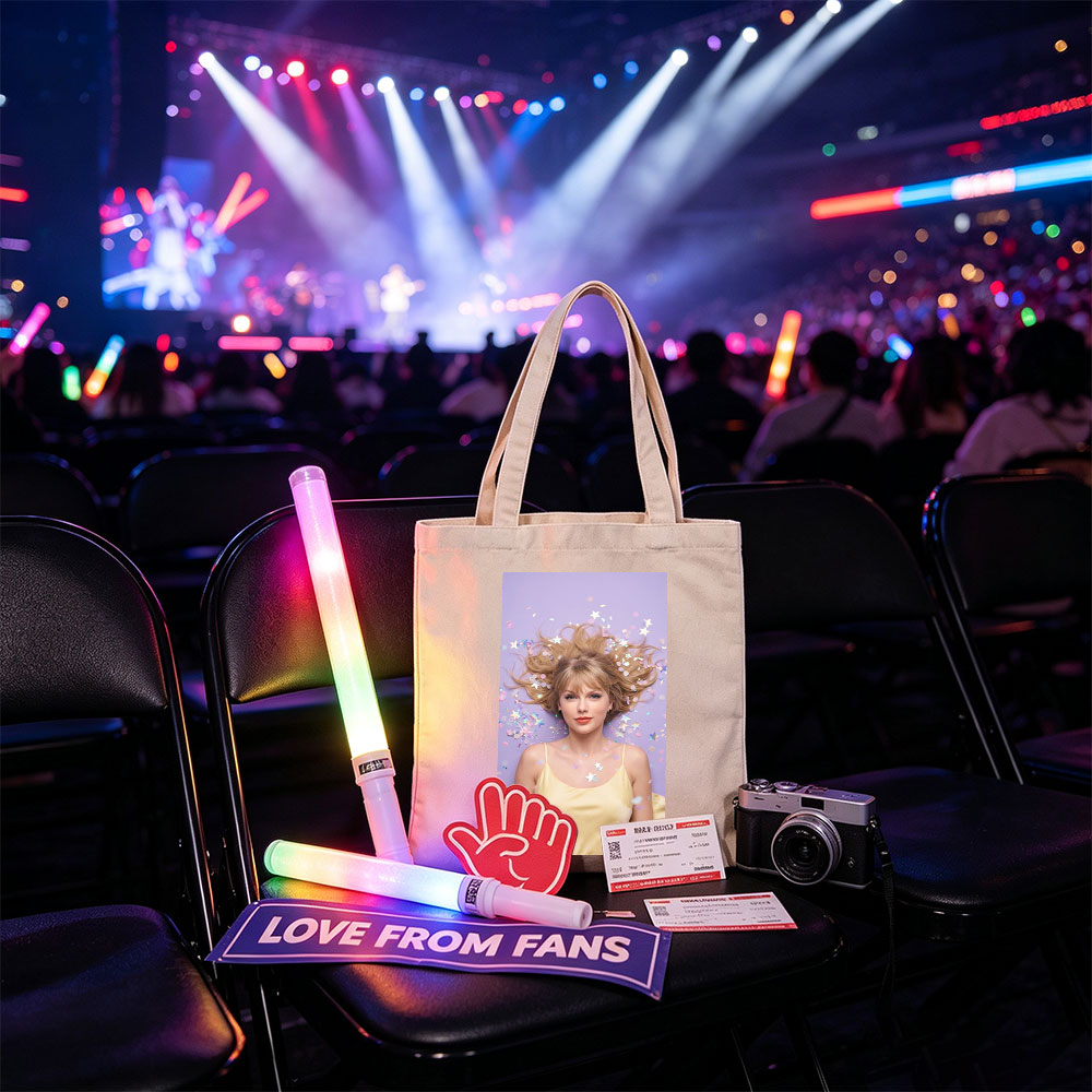 Taylor Swift Lying on Purple Background with Confetti and Stars Around Her Hair - Canvas tote bags