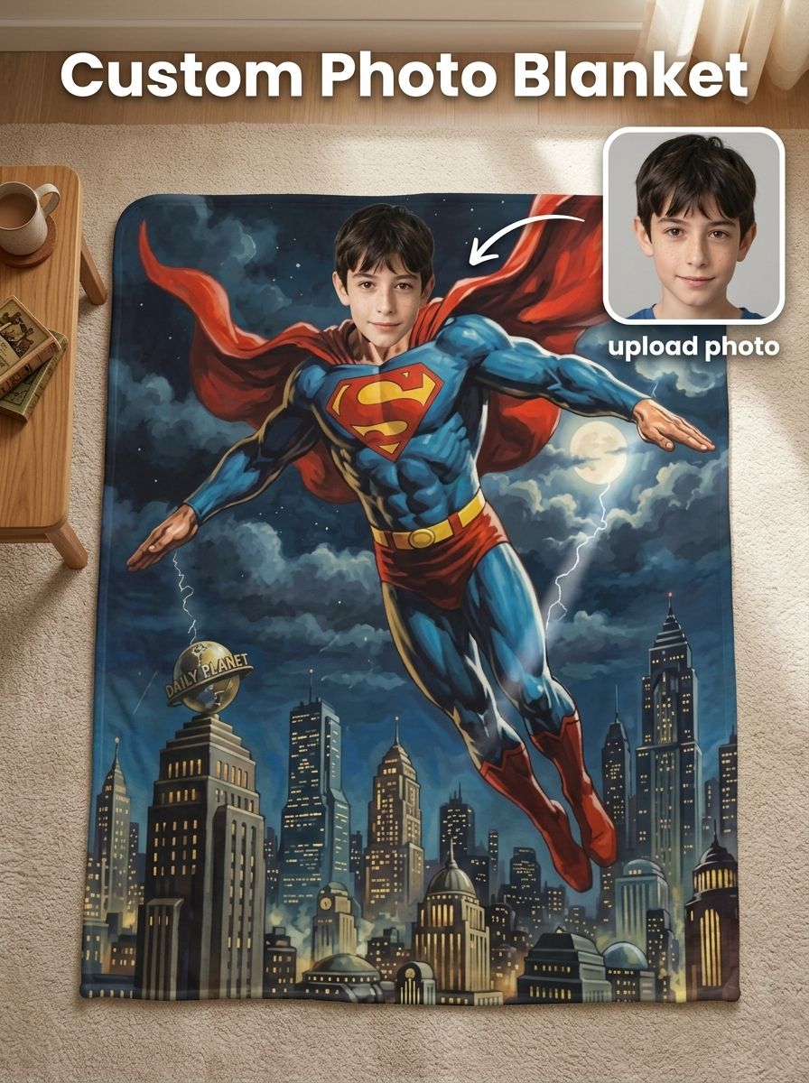 Custom Superhero Face Photo Flannel Throw Blanket, Personalized Ultra Soft Cozy Fleece for Couch, Bed and Birthday Gift