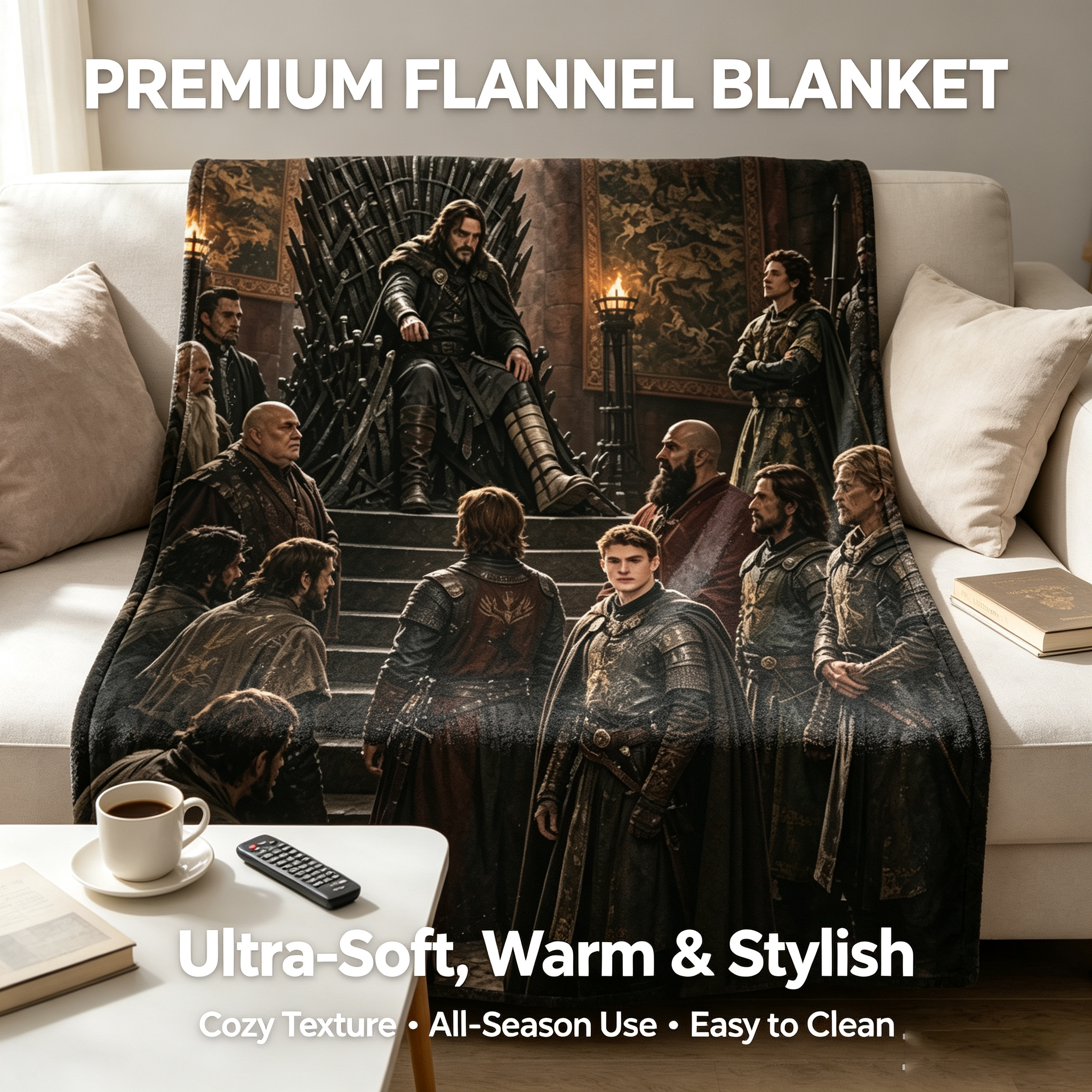 Custom Face Blanket Game of Thrones Iron Throne Scene Flannel Blanket Cozy Living Room Decor Gift for Fans