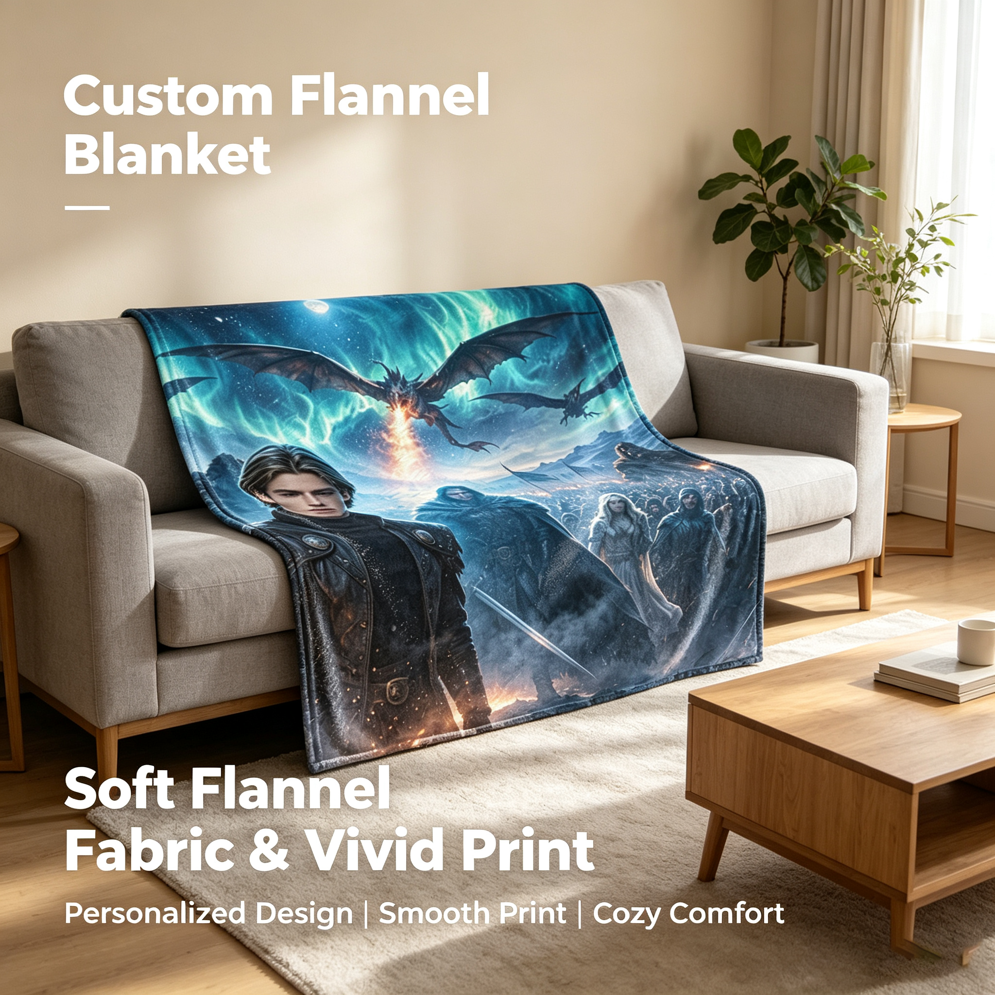 Custom Face Blanket - Epic Fantasy Warrior with Dragon Sky Scene Flannel Blanket - Cozy Bedroom Decor for Fans of Fantasy Art - Perfect Gift or Giveaway for Sci-Fi and Fantasy Enthusiasts