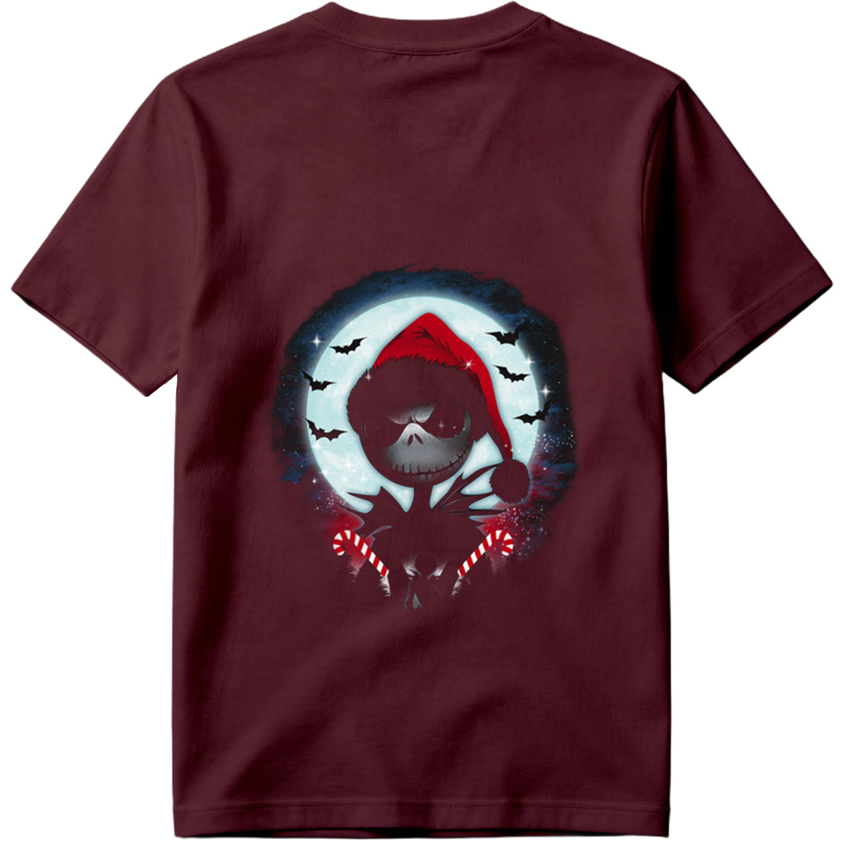 Jack Skellington in Santa Hat with Candy Canes Against Moonlit Sky - Tee