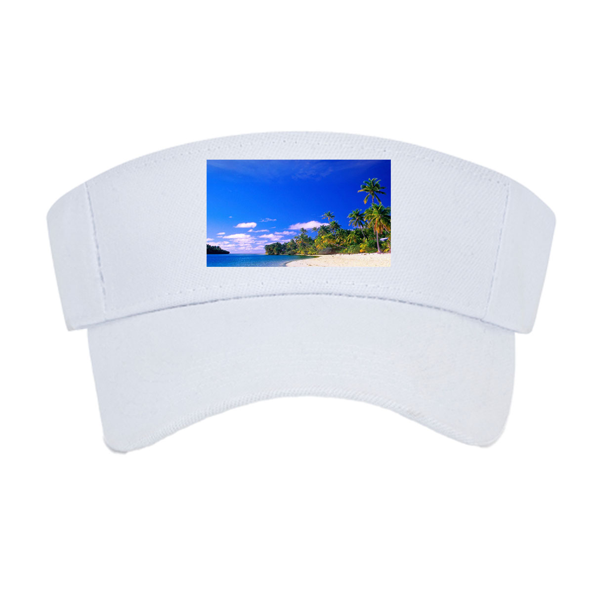Seagulls soar over a pristine tropical beach with crystal-clear waters and palm trees under a vibrant blue sky. -  Visor cap