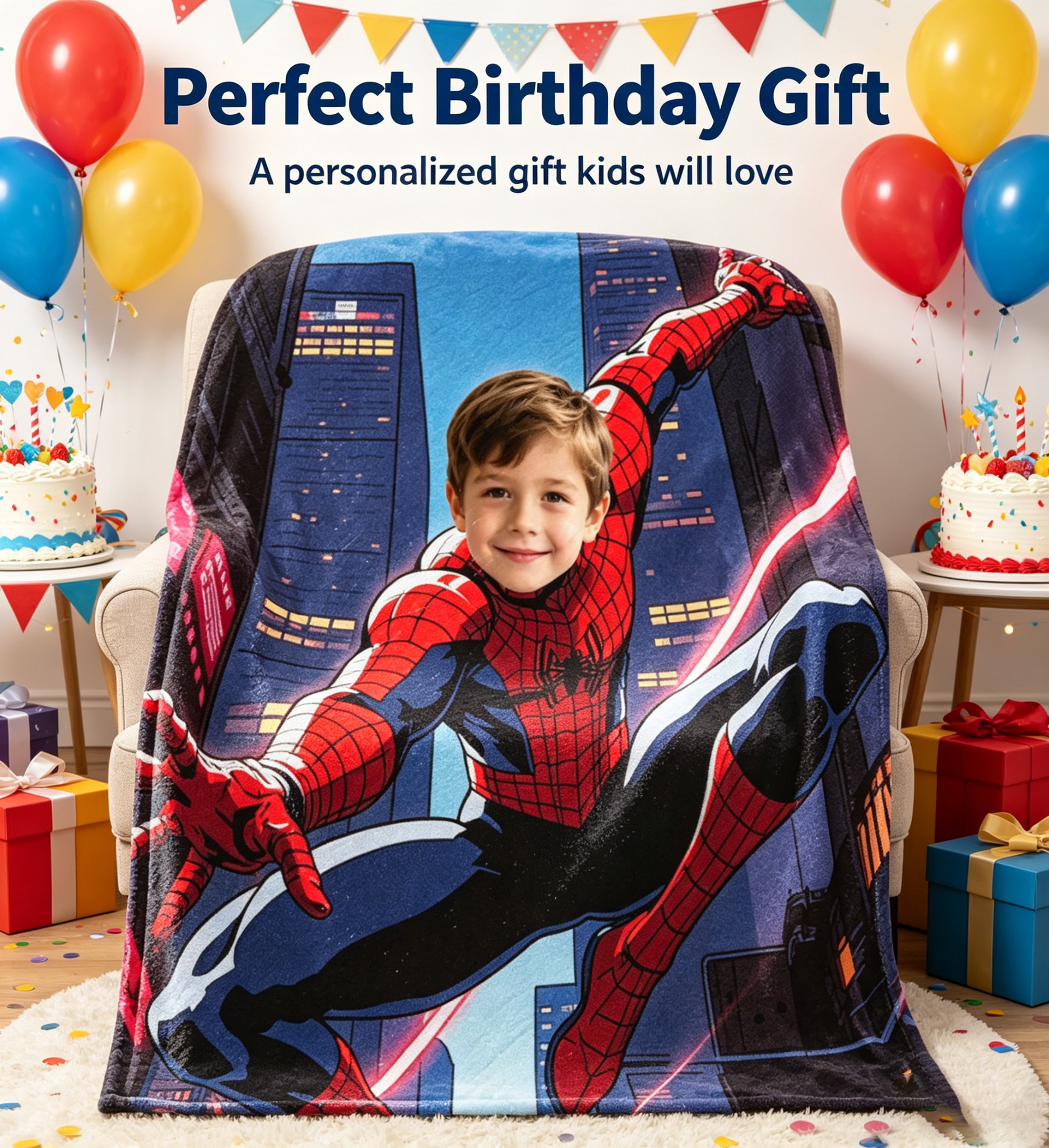 Personalized Custom Spider‑Man Photo Blanket, Upload Your Kid Photo, Superhero Custom Fleece Throw Blanket, Birthday Gift for Boys, 280g Soft Cozy Blanket for Bed Sofa
