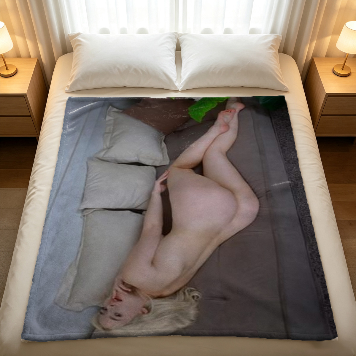 Elegant Woman in Floral Qipao and Red Heels Sitting on Bed - Blanket