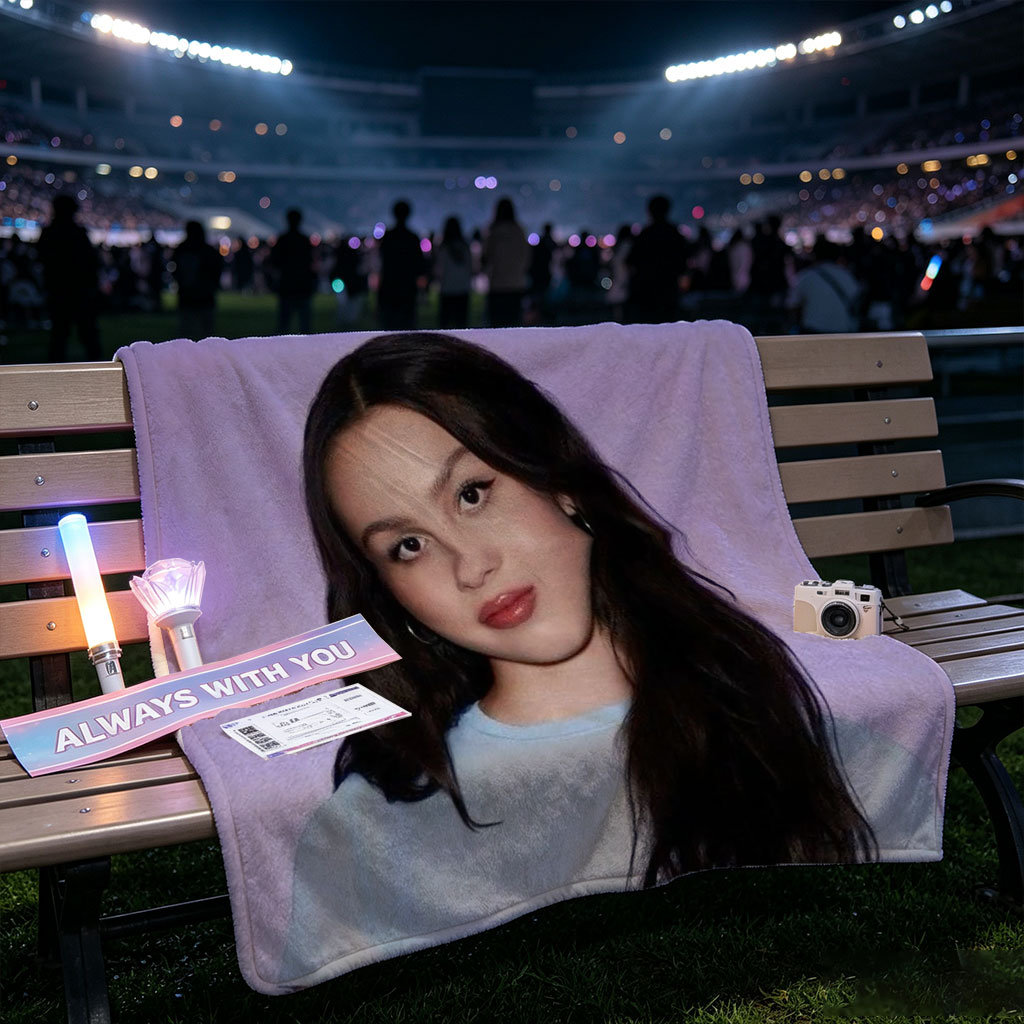 Olivia Rodrigo in a Soft Blue Top Against a Purple Gradient Background - Blankets