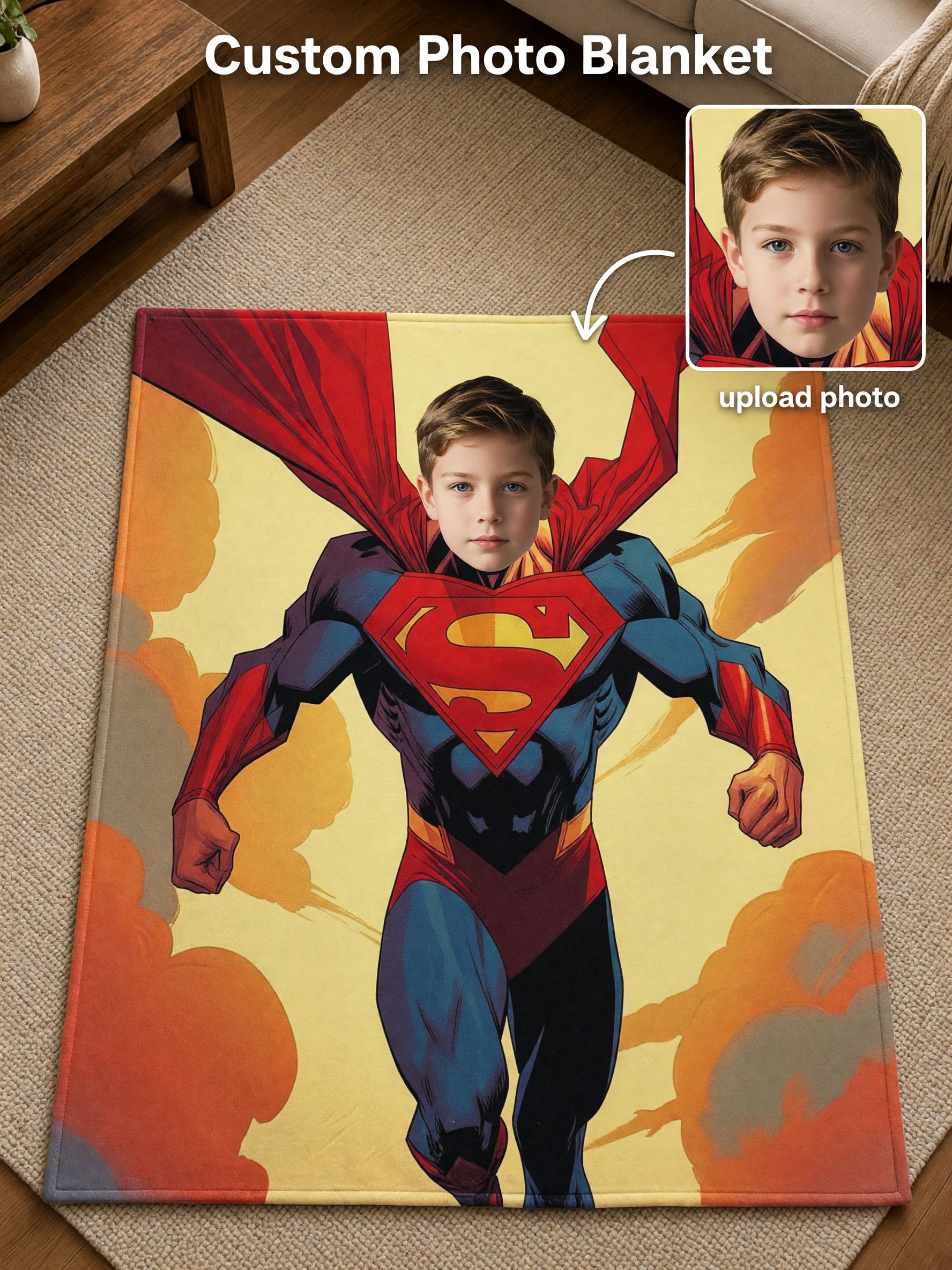 Custom Superhero Photo Blanket, Personalized Face Flannel Fleece Throw, Ideal Cozy Gift for Kids and Adults