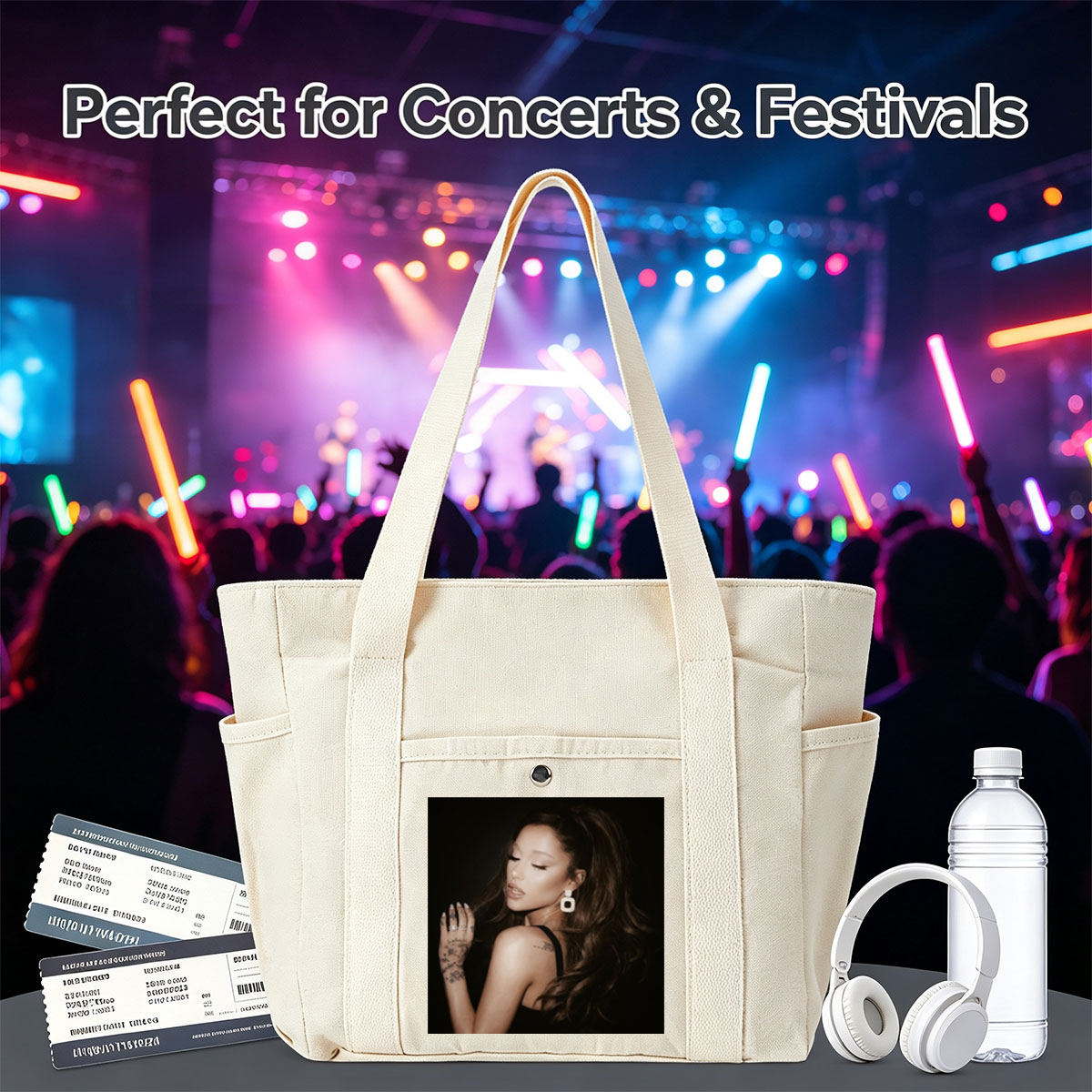 Ariana Grande in a Dramatic Pose with Long Hair and Tattoos on Dark Background - Multi-pocket bags
