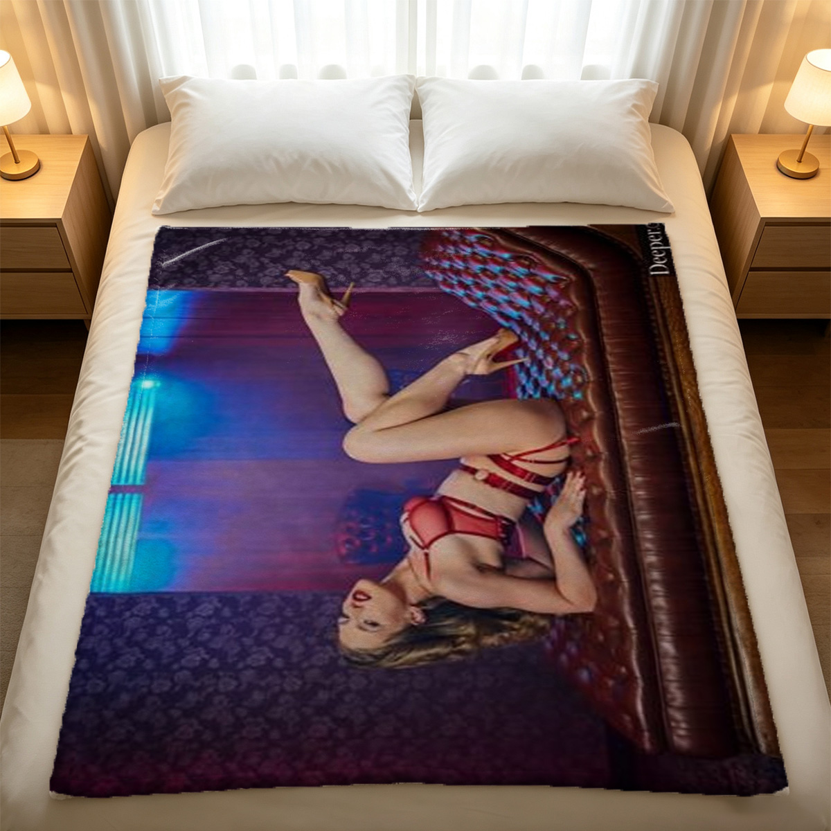 Blonde Woman in Orange Fishnet Dress Sitting on Pool Table with Cue Stick - Blanket