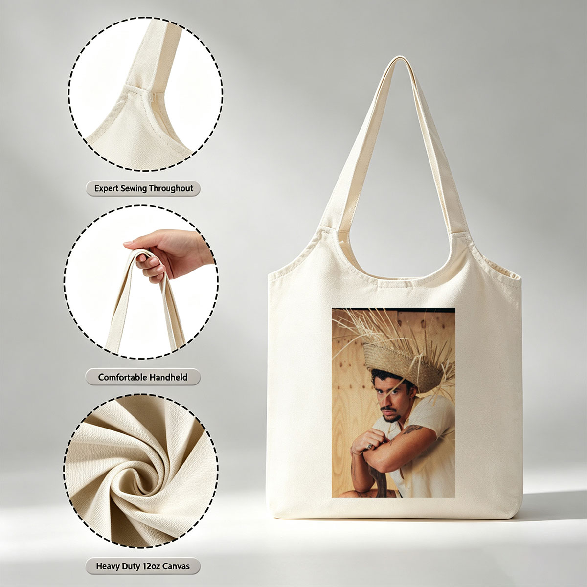 Bad Bunny Wearing a Straw Hat with Hay Sticks, Leaning Against a Wooden Wall in a Casual Pose - Canvas shoulder bags/