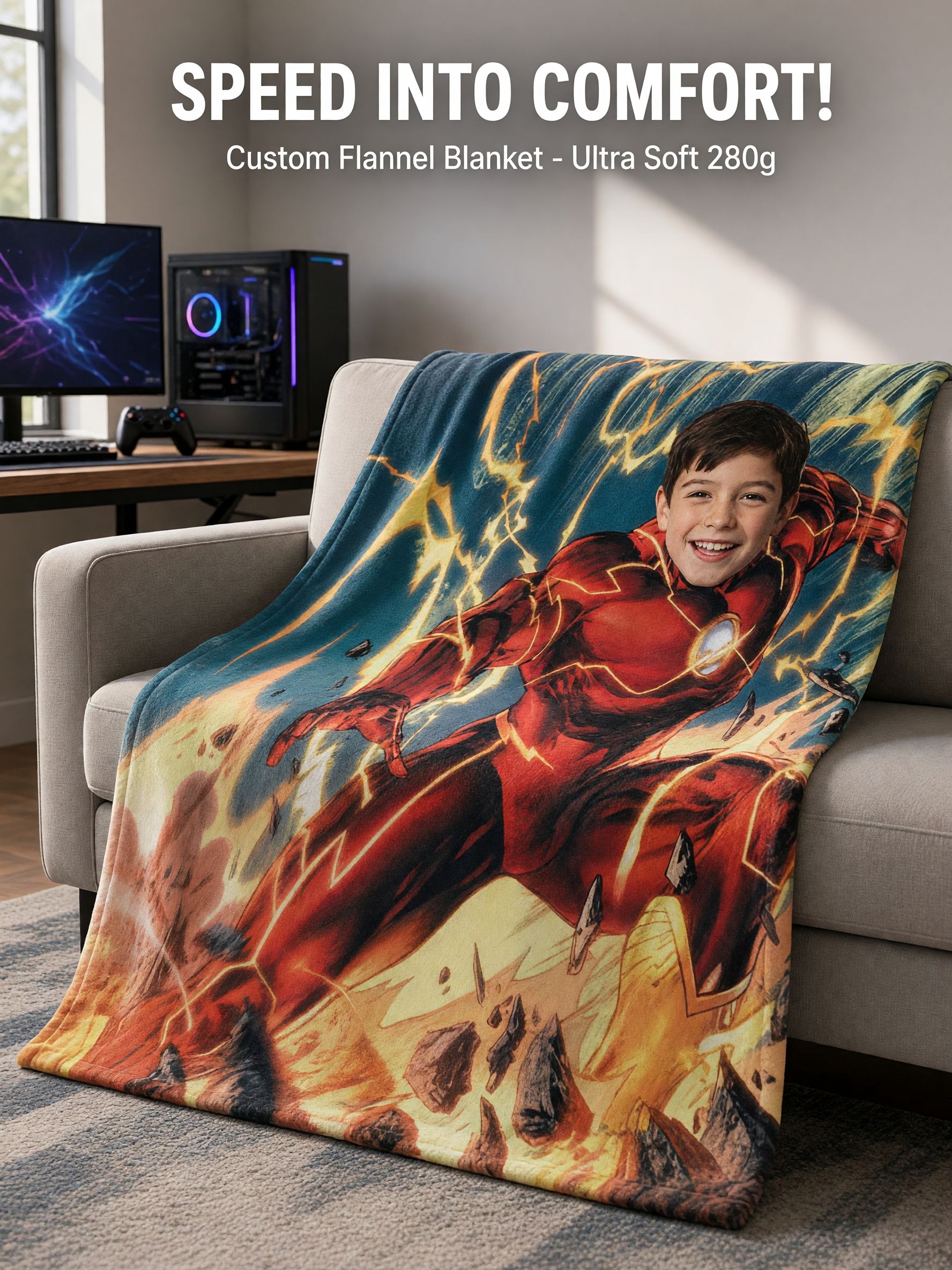 Custom Superhero Face Blanket Personalized Photo Flannel Fleece Throw for Kids Boys Cozy Keepsake Gift