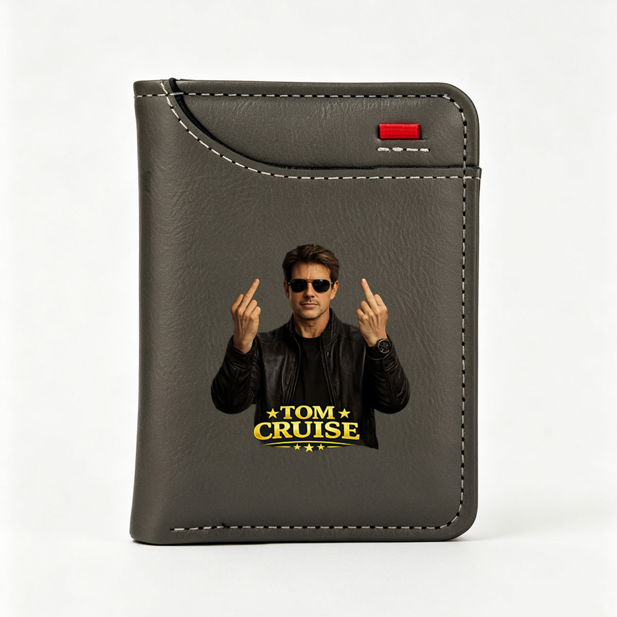 Tom Cruise in a leather jacket and sunglasses, making middle finger gestures with both hands. - Vertical Style Wallet