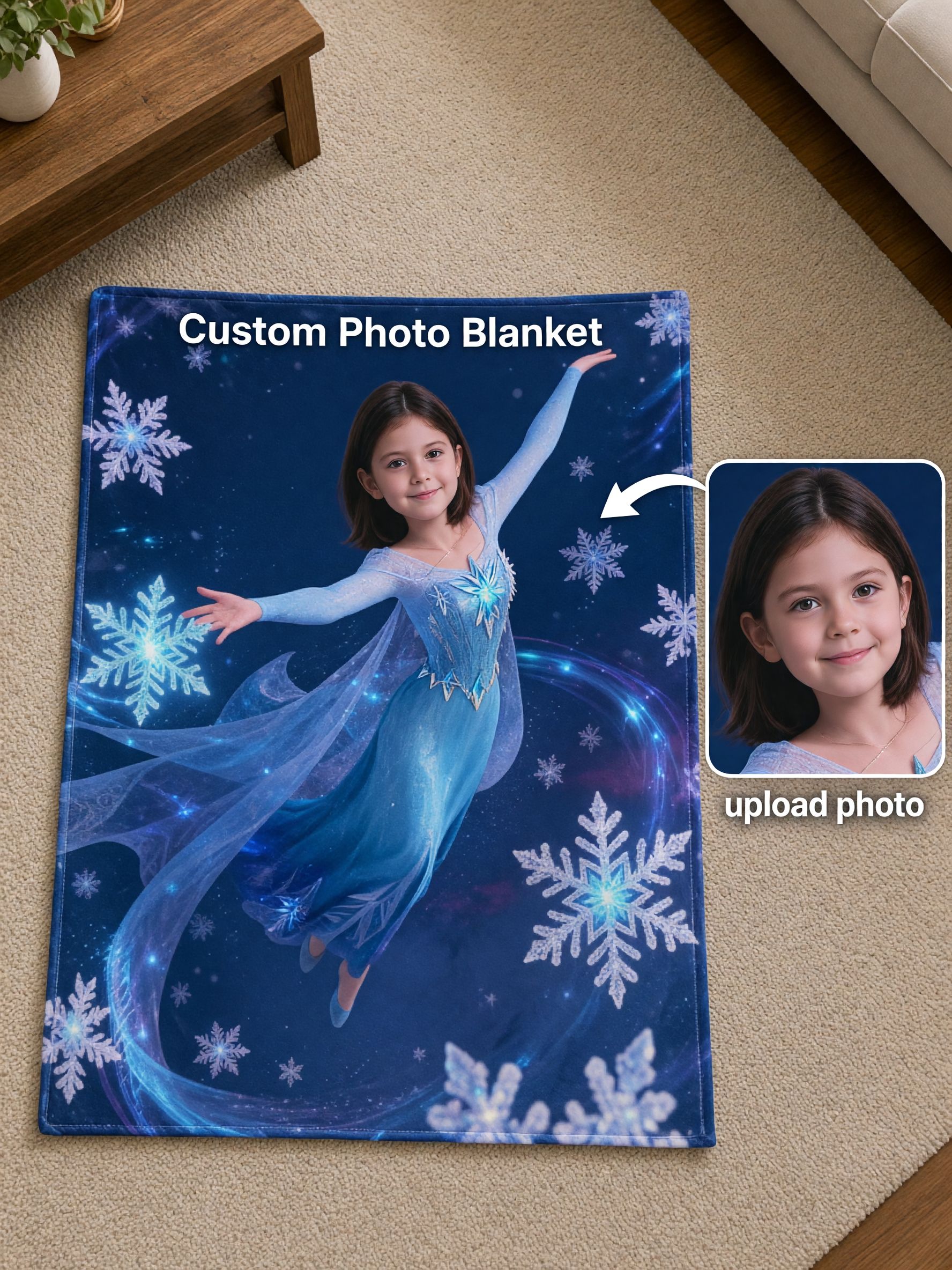 Custom Photo Face Blanket Personalized Ice Princess Flannel Throw Ultra Soft Warm Fleece for Bed Sofa Ideal Custom Gift
