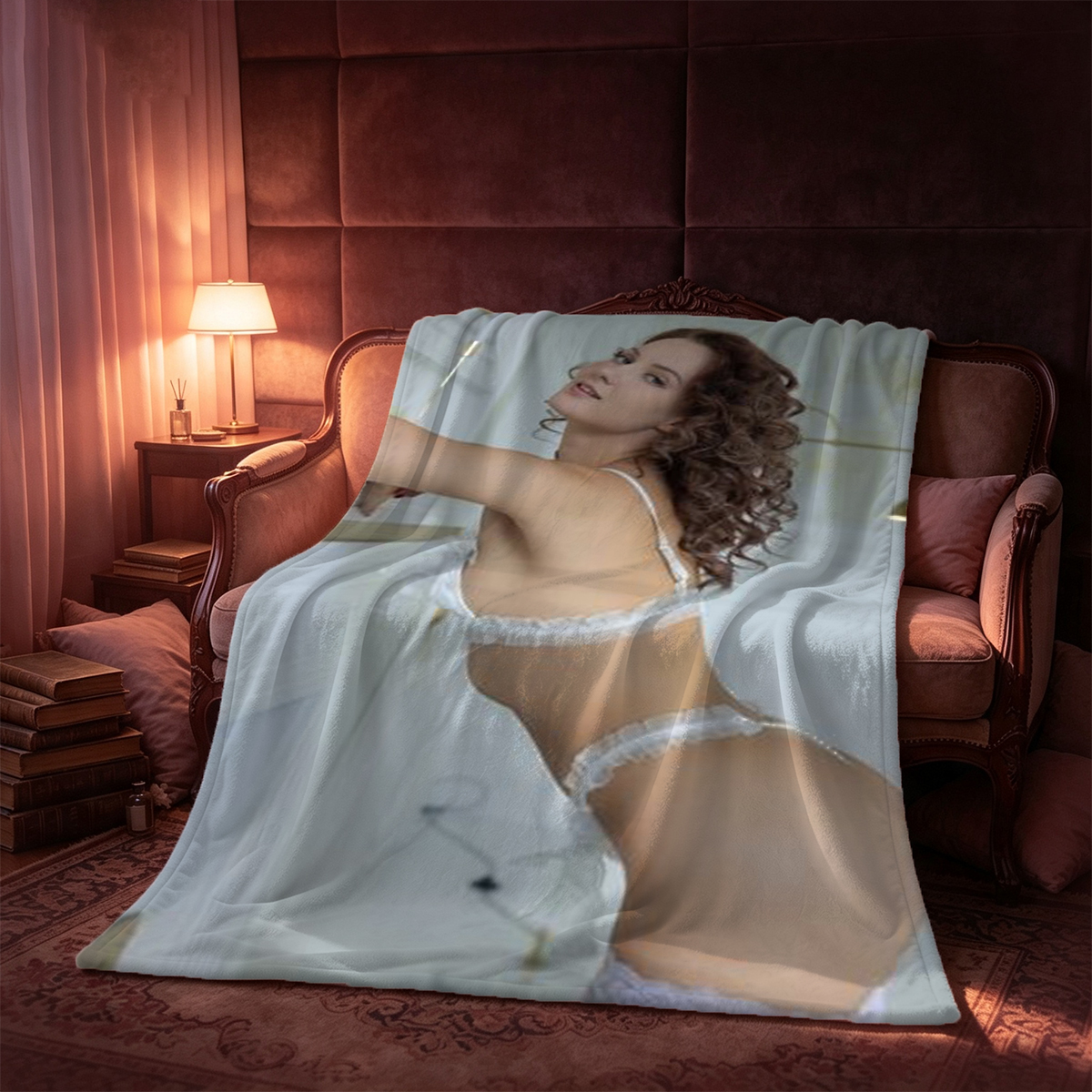 Two Women in Lingerie Kissing on Couch - Blanket