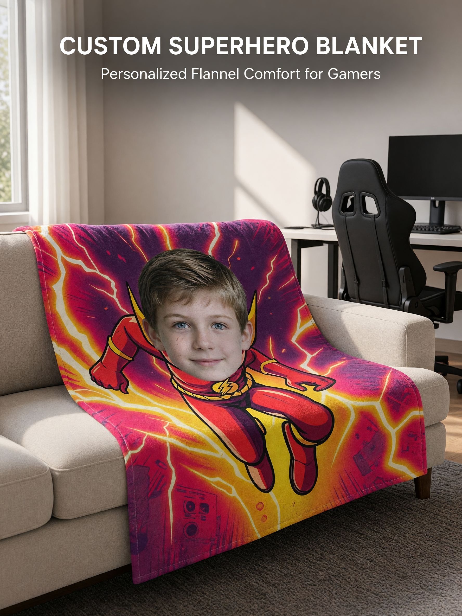 Custom Superhero Face Photo Blanket Personalized Lightning Hero Flannel Fleece Throw Soft Skin Friendly Cozy Gift