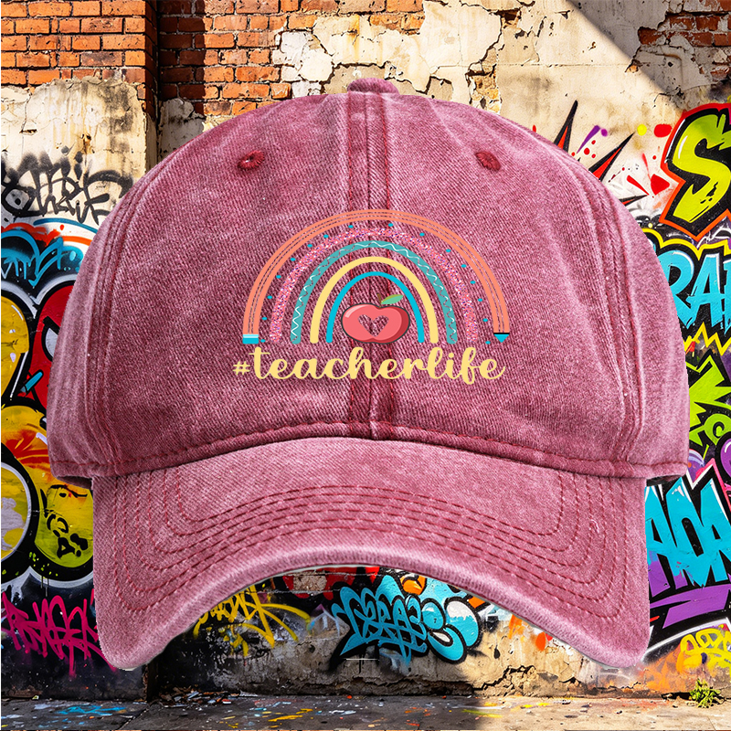 Unisex Classic Washed Hat with Rainbow Apple Print and #teacherlife Text – Perfect for Teachers, Educators, and School Events – Ideal Gift for Teaching Professionals