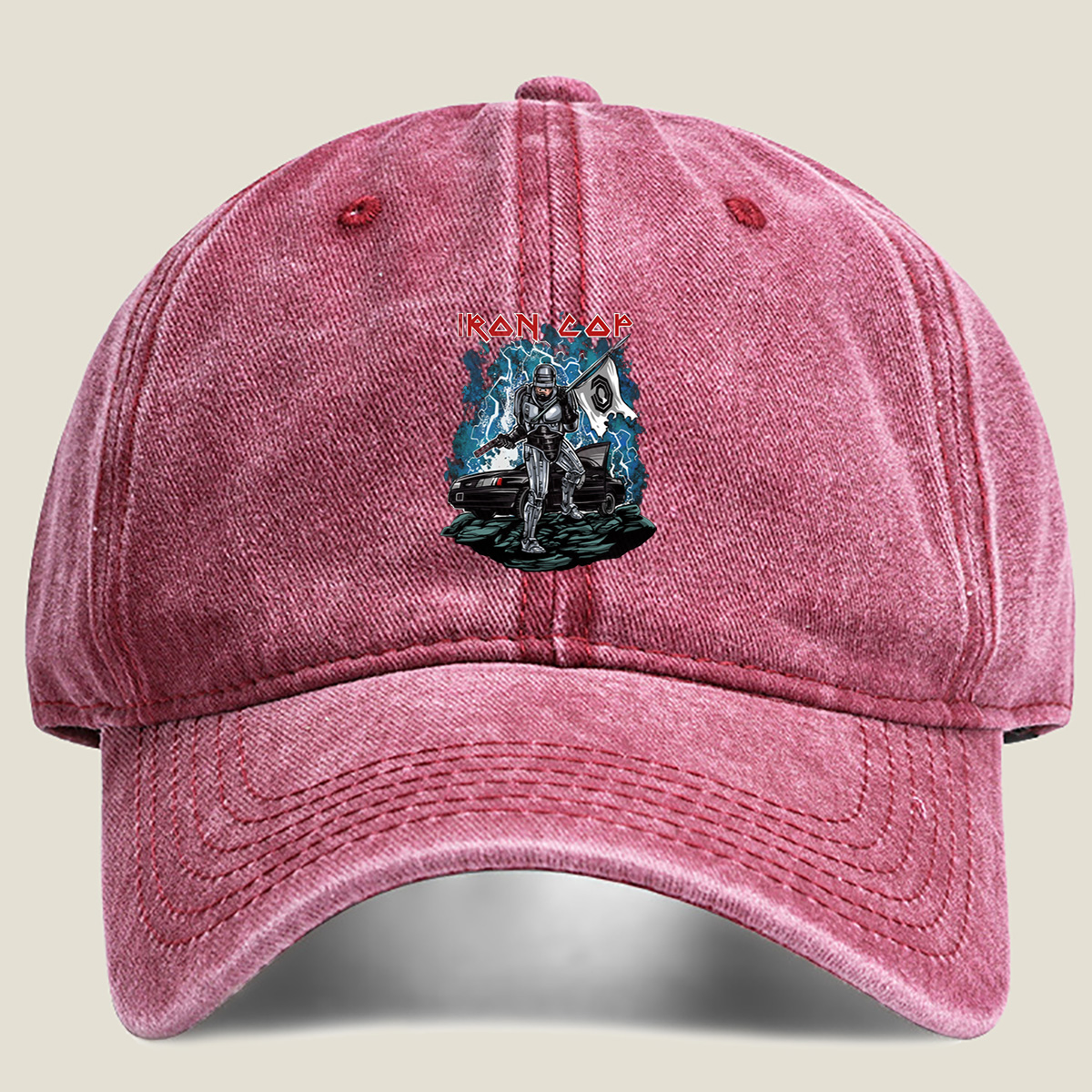 Iron Cop: Robo-Police Officer with Flag and Car - Washed Denim - Baseball Cap
