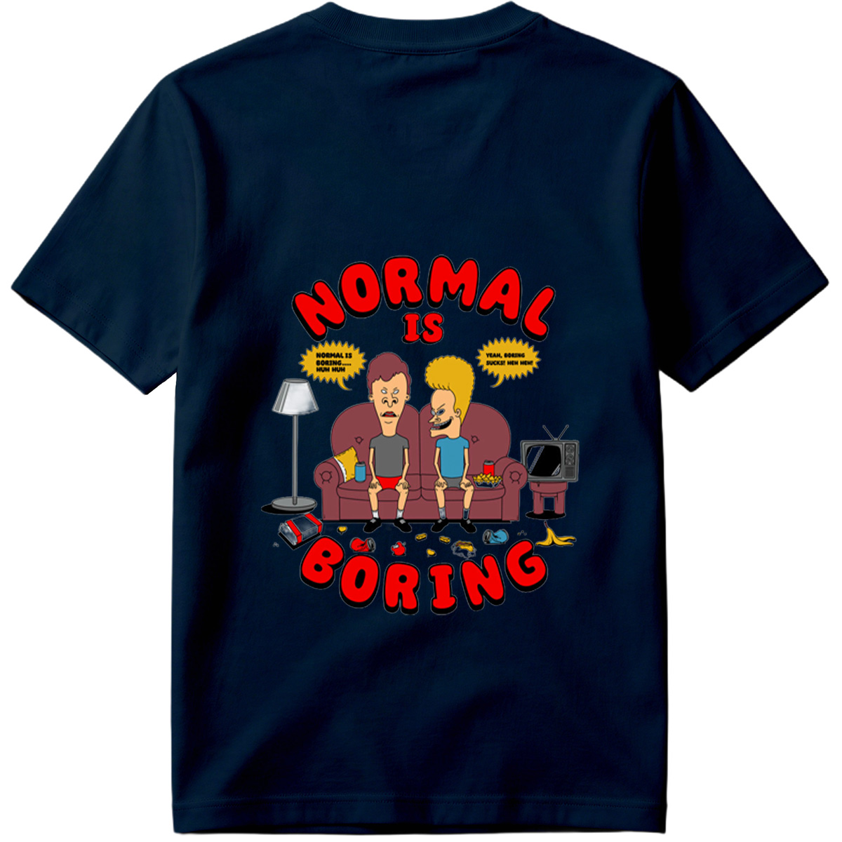 Normal Is Boring: Two Cartoon Characters on Couch with Chaos Around - Tee