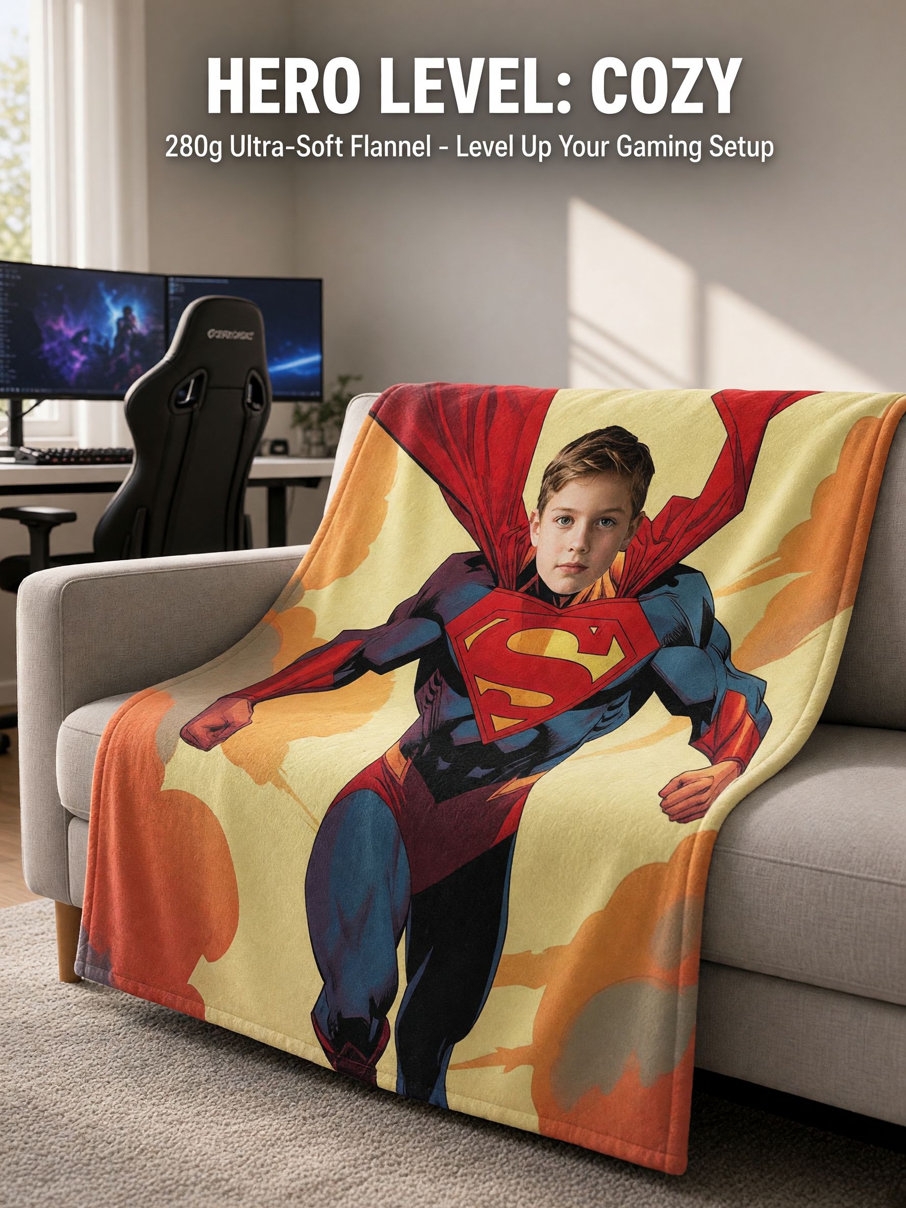 Custom Superhero Photo Blanket, Personalized Face Flannel Fleece Throw, Ideal Cozy Gift for Kids and Adults