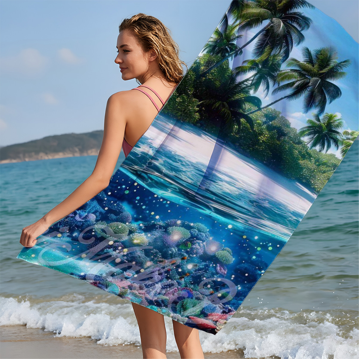 Tropical Paradise with Vibrant Coral Reef and Palm Trees - Beach towels