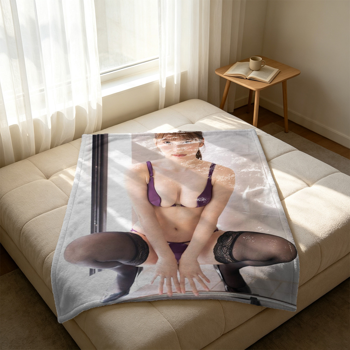 Redhead beauty posing nude on wooden chair. - Blanket