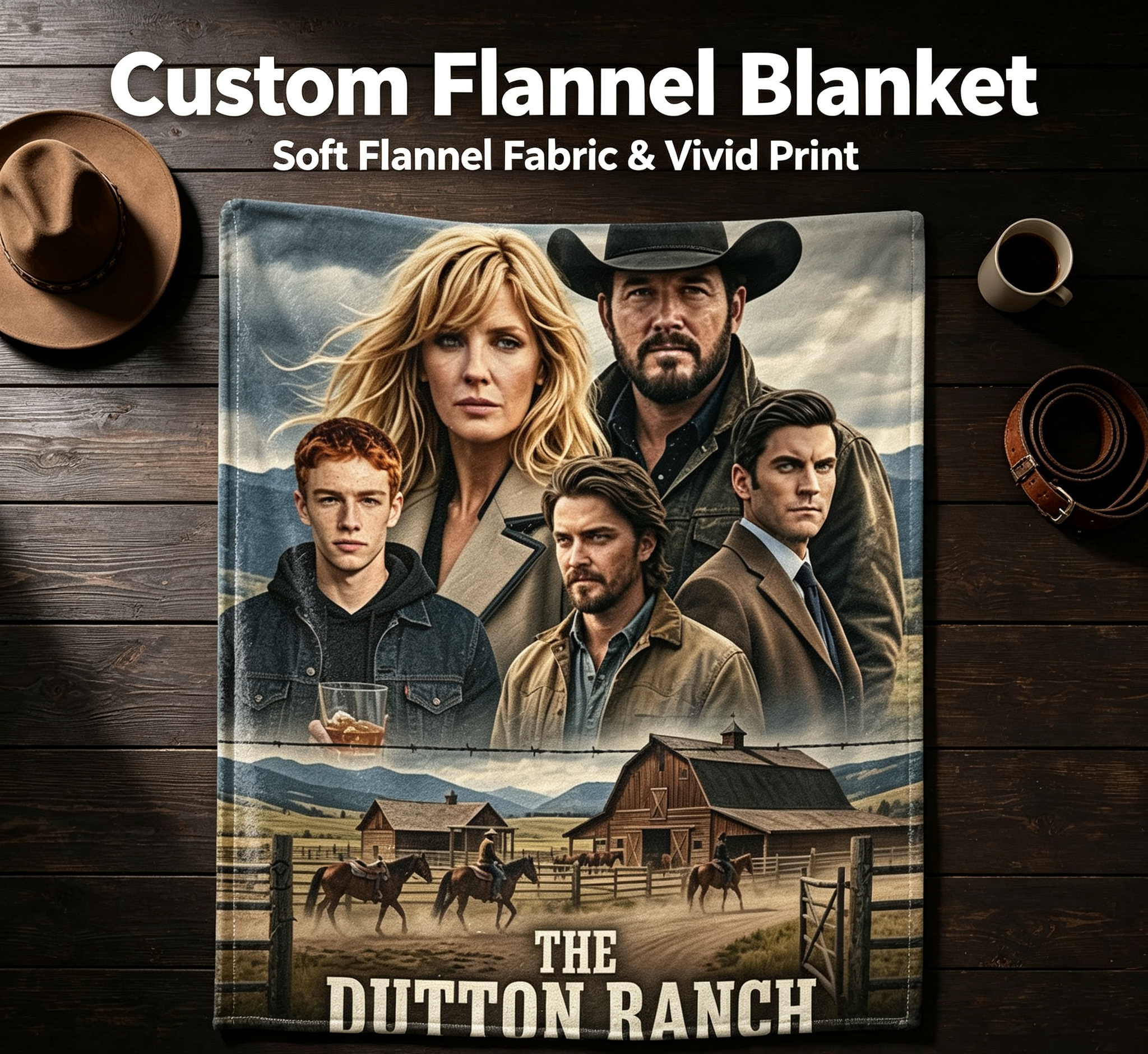 Custom Face Blanket The Dutton Ranch Flannel Blanket Western TV Show Fan Gift for Cowgirl and Cowboy Lovers Home Decor or Cozy Bedding Present