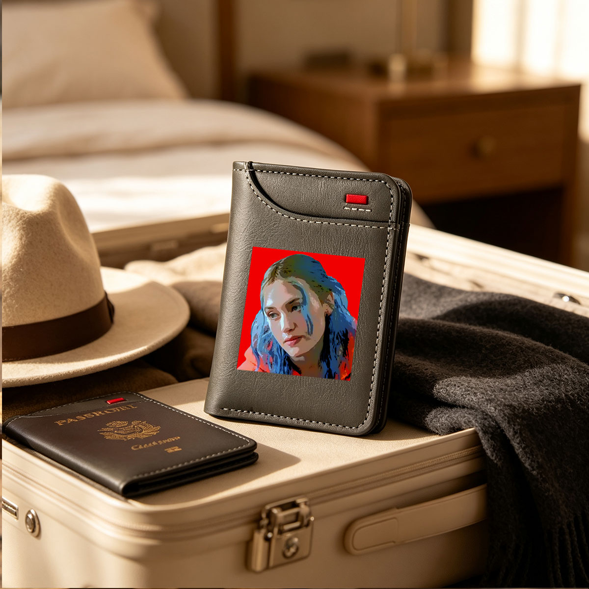 Portrait of a Woman with Blue Hair Against Red Background - Vertical Style Wallet