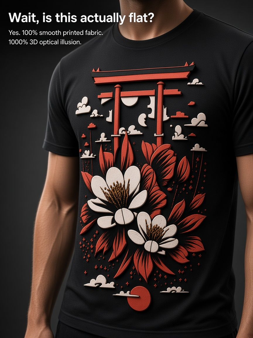 Japanese Torii Floral 3D Optical Illusion Graphic Tee Breathable Athletic Mesh T-Shirt Casual Sports Wear