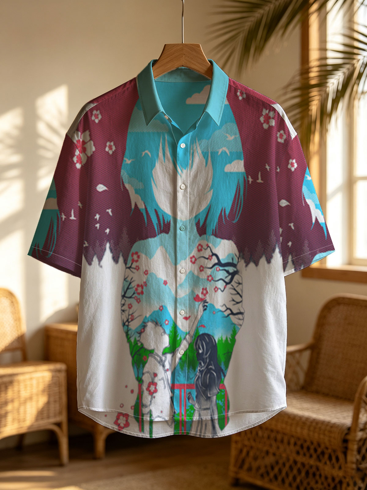 Two Figures Under Cherry Blossoms with Mountain Landscape and Sky Background -  Shirt