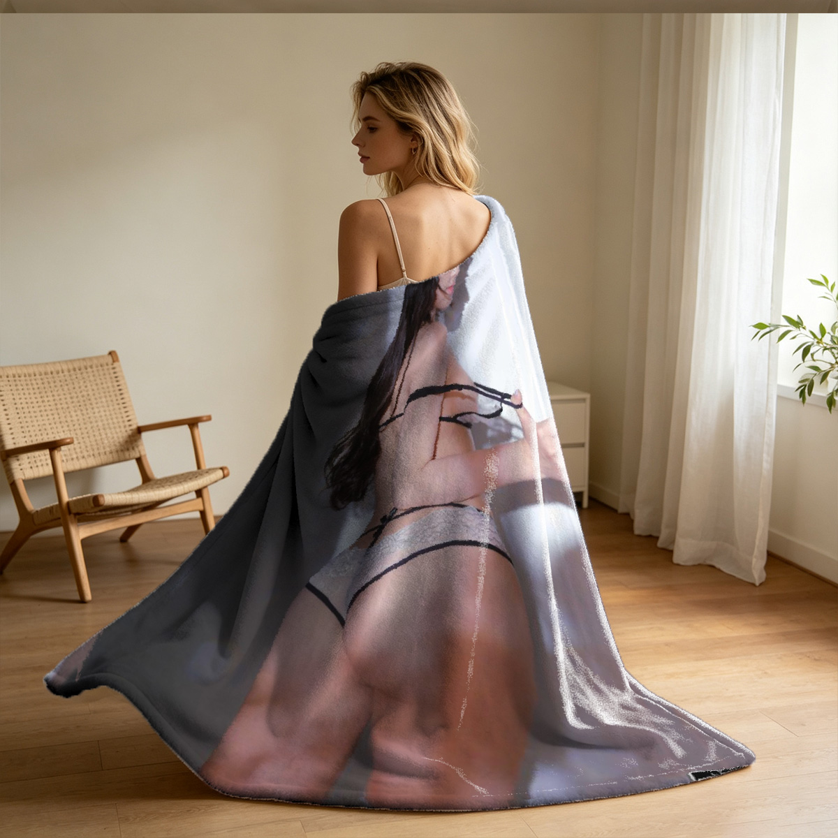 Two nude women kissing passionately on bed. - Blanket