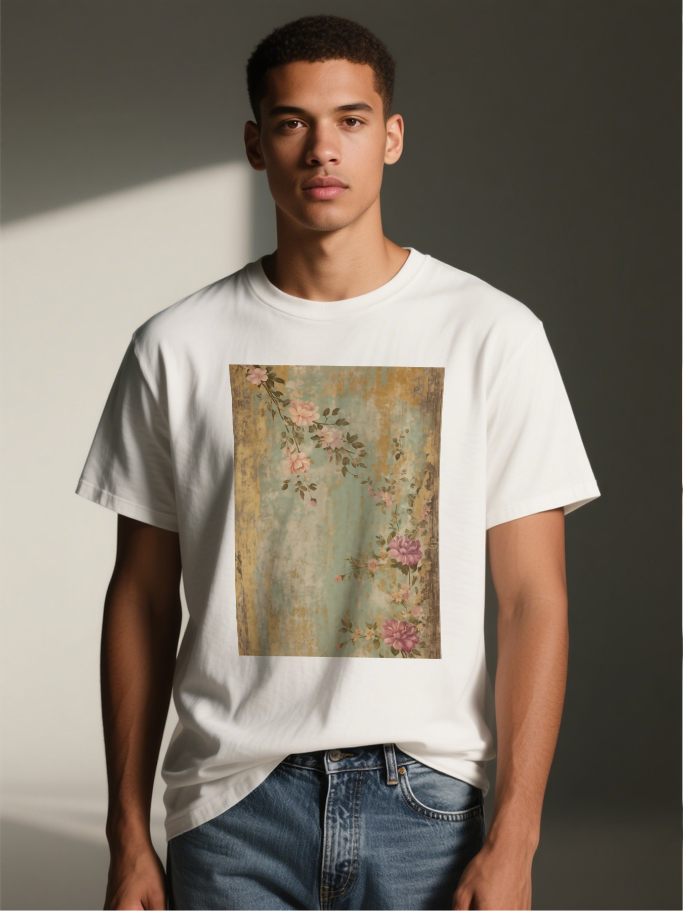 Men's Floral Print T-Shirt with Vintage Rose Pattern and Soft Pastel Colors, Casual Round Neck Lightweight Breathable Summer Short Sleeve Tee for Outdoor Activities, Travel, Daily Wear, Suitable for Men Who Love Artistic and Romantic Styles