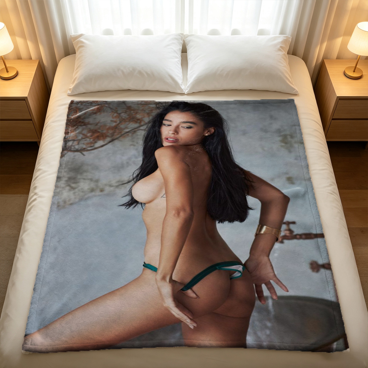 Two Asian women in erotic embrace, one sucking nipple, both topless in white panties. - Blanket