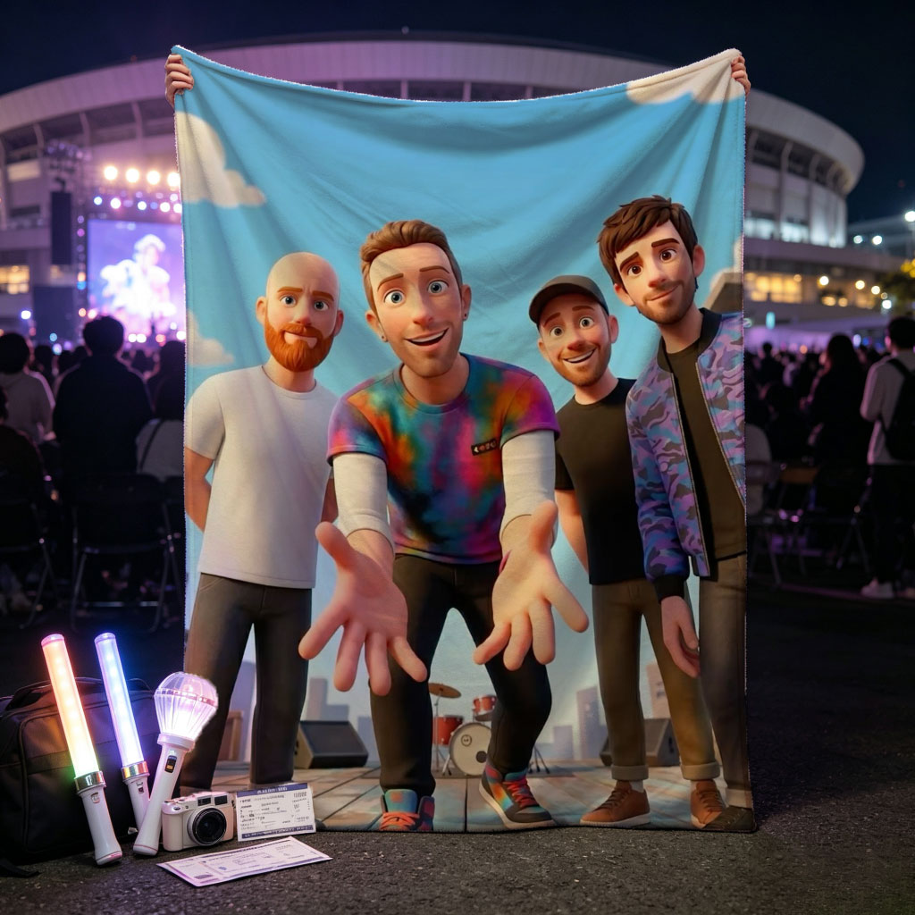 The Lonely Island Band Members on a Rooftop Stage with Graffiti and City Skyline Background - Blankets
