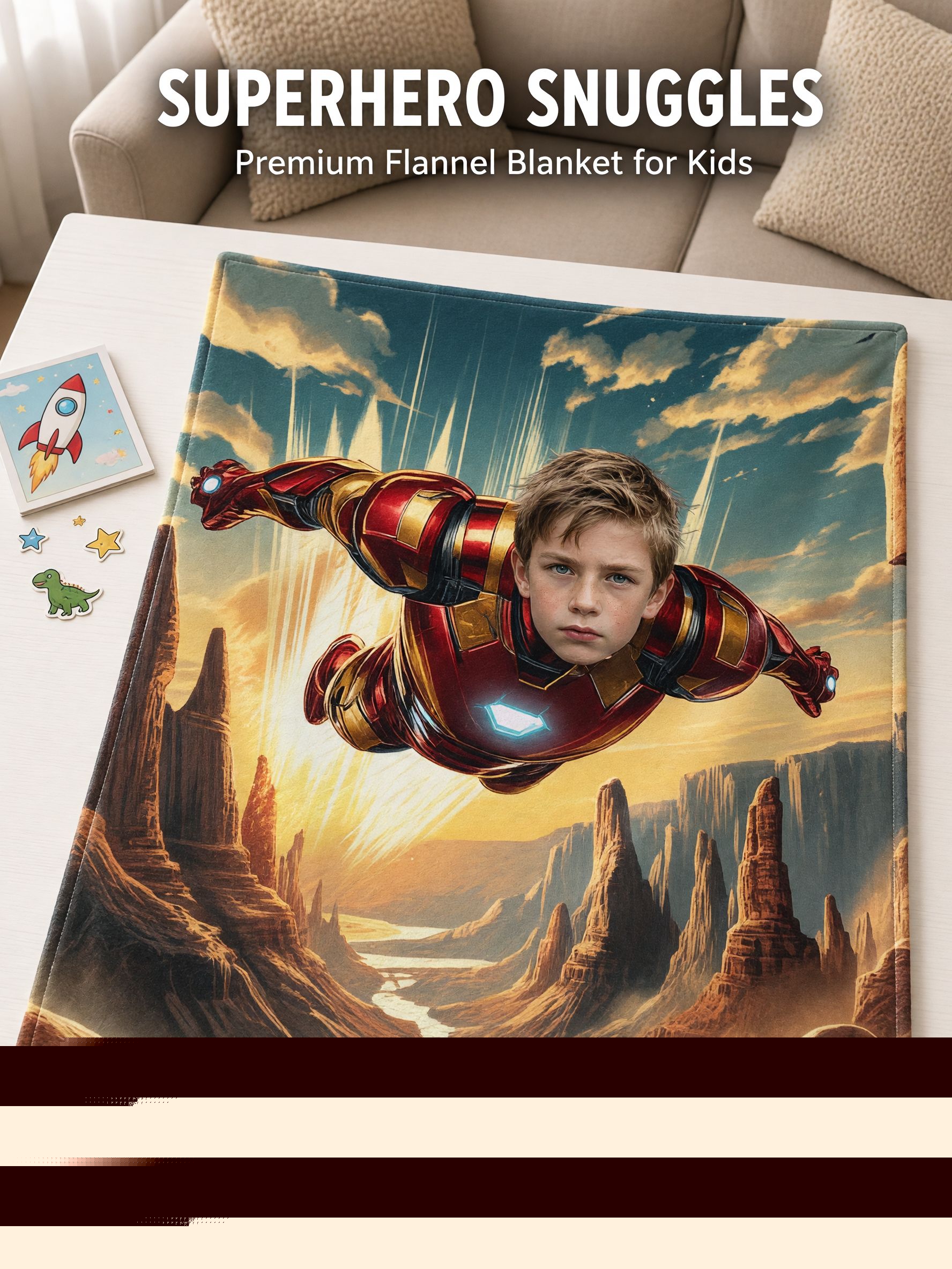 Personalized Superhero Face Photo Flannel Blanket Custom Armored Flying Hero Throw for Kids Couch Bed