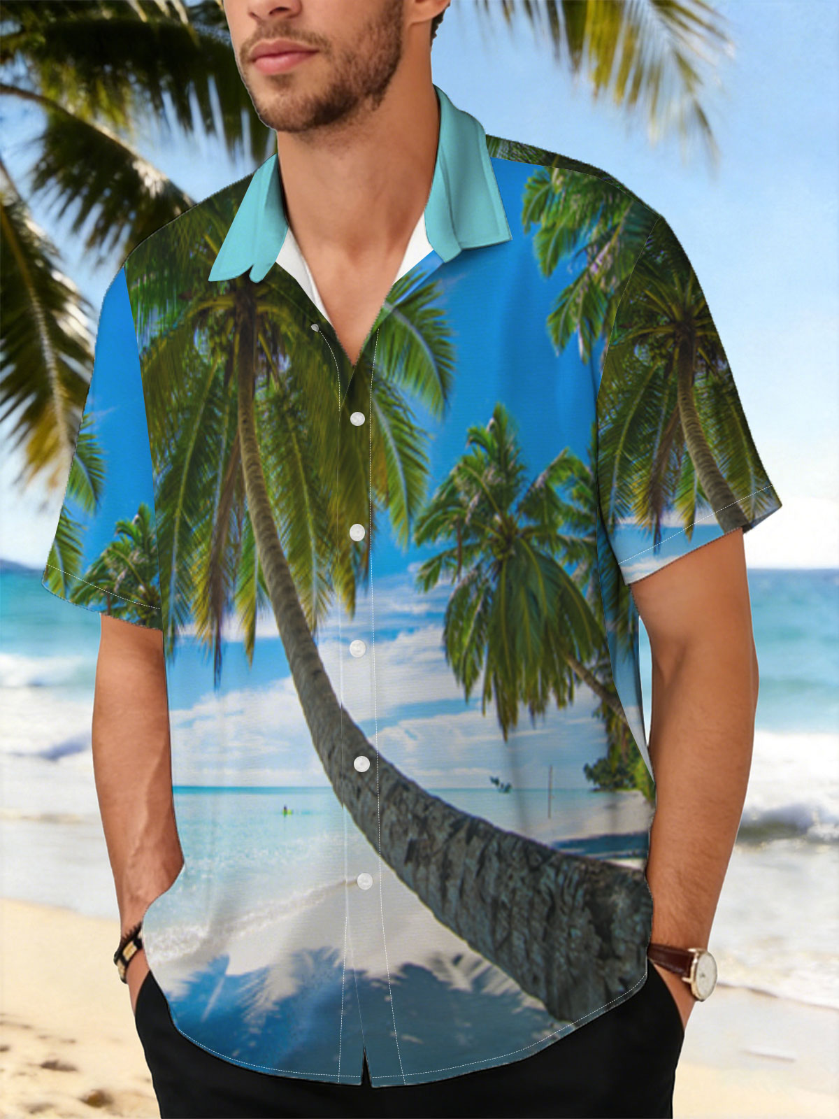Tropical Beach with Swaying Palm Trees and Crystal Clear Waters -  Shirt